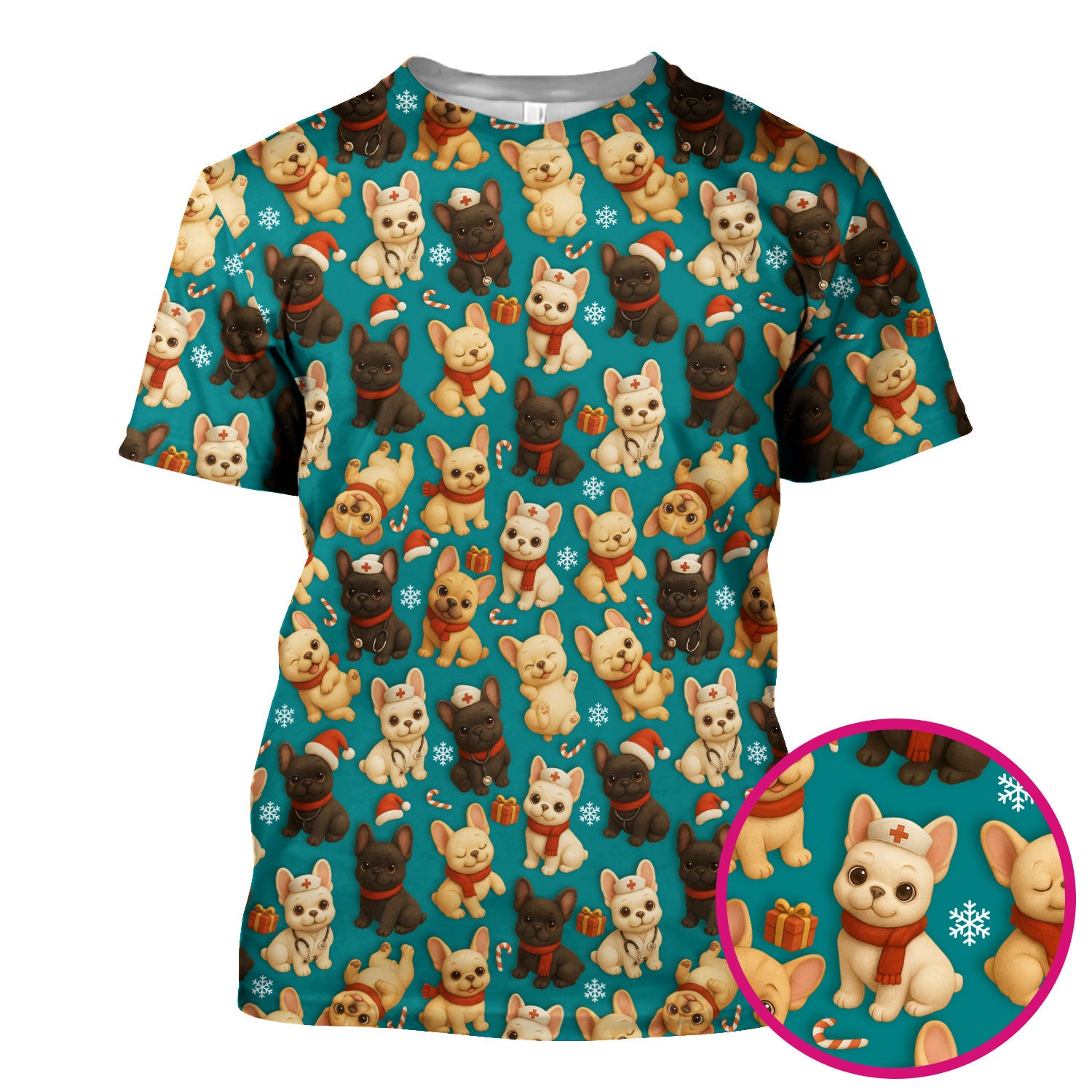 French Bulldog Scrubs Christmas Top for Nurses - Cute Holiday Dog Pattern with Gifts, Candy Canes & Nurse Icons - Festive Christmas Scrubs Shirt for Women