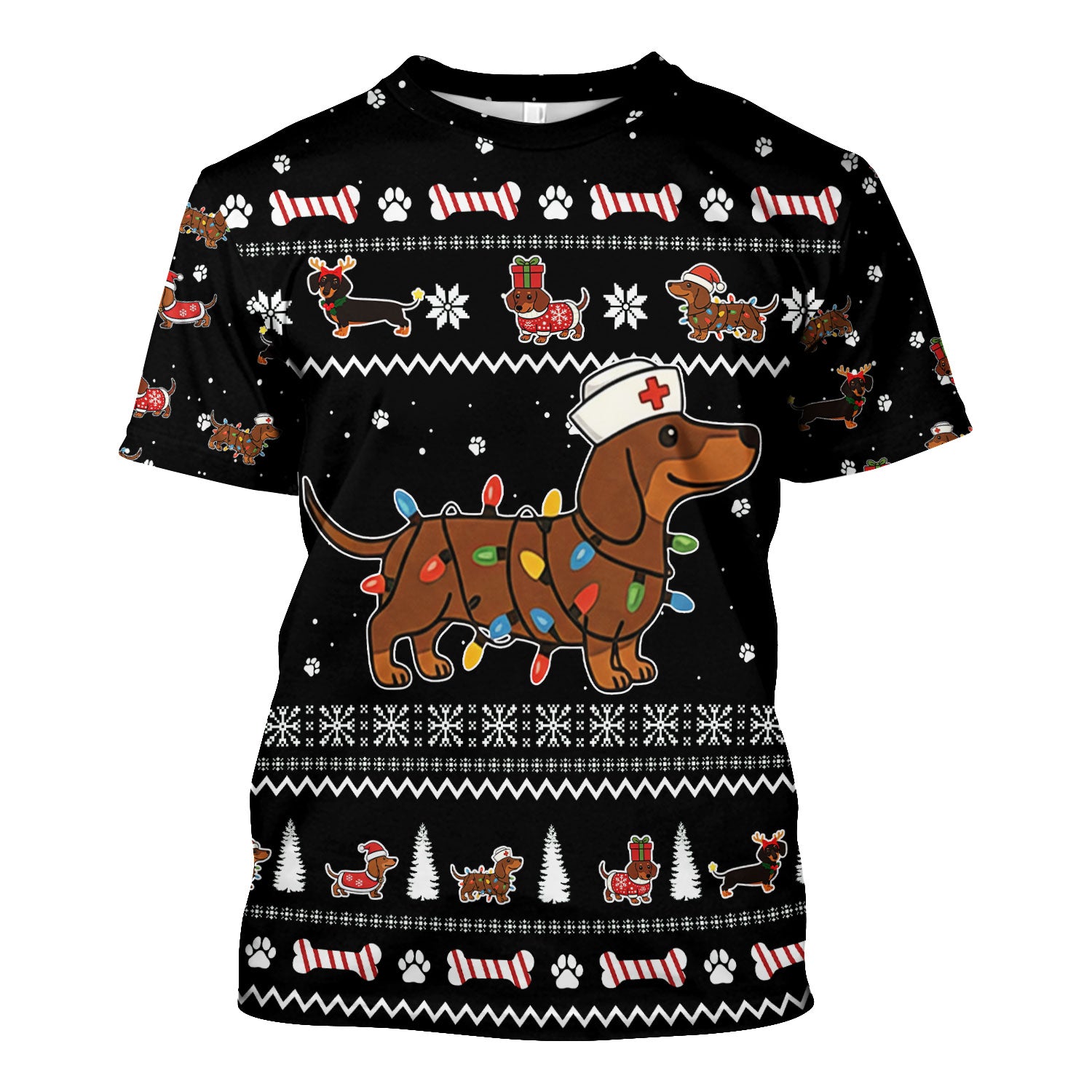 Christmas Dachshund Nurse Scrub Top for Women - Cute Sausage Dog Wearing Lights - Funny Holiday Medical Shirt Gift for RN CNA LPN