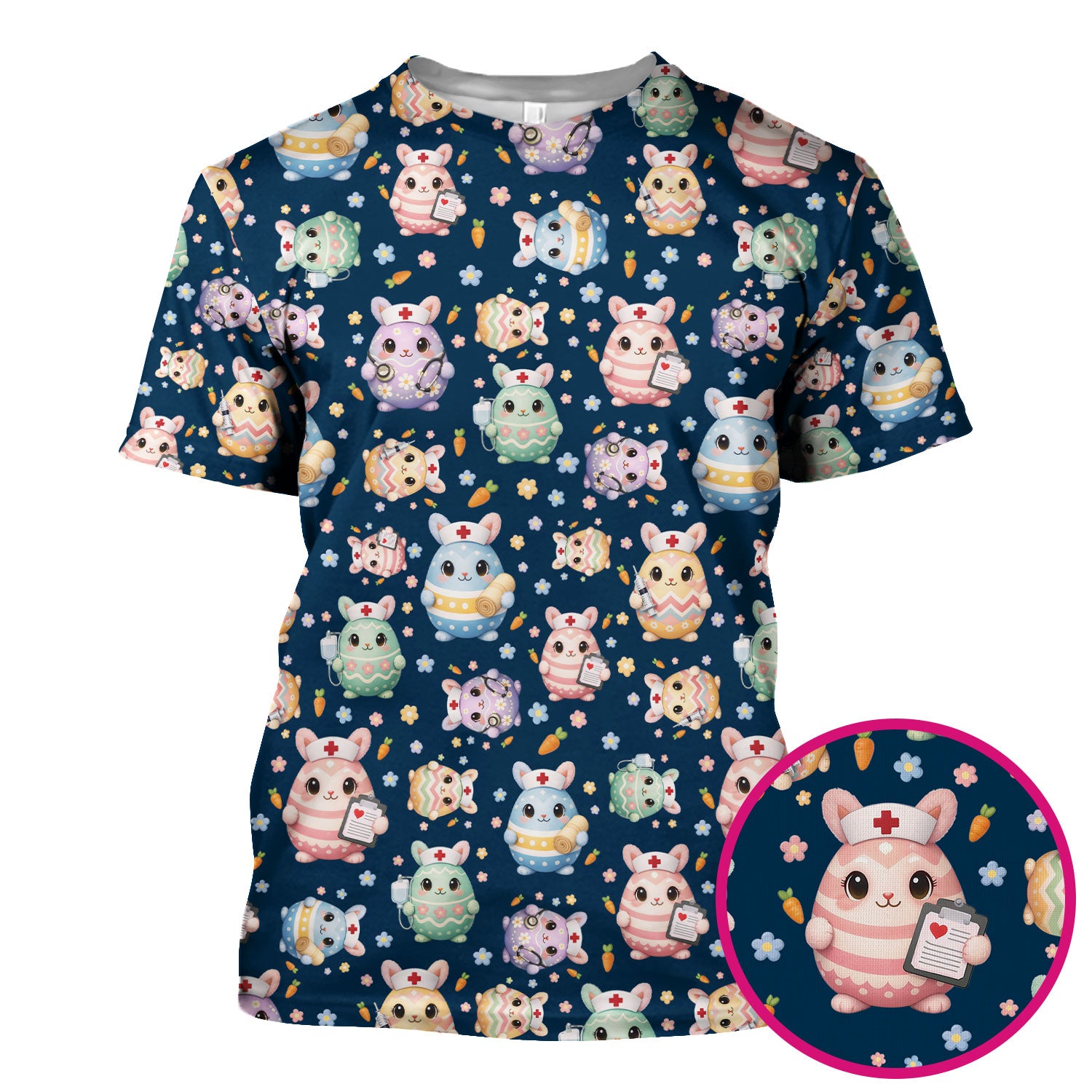 Cute Nurse Bunny Pastel Floral Print Scrubs, Breathable Fabrics Nursing Uniform, Easter