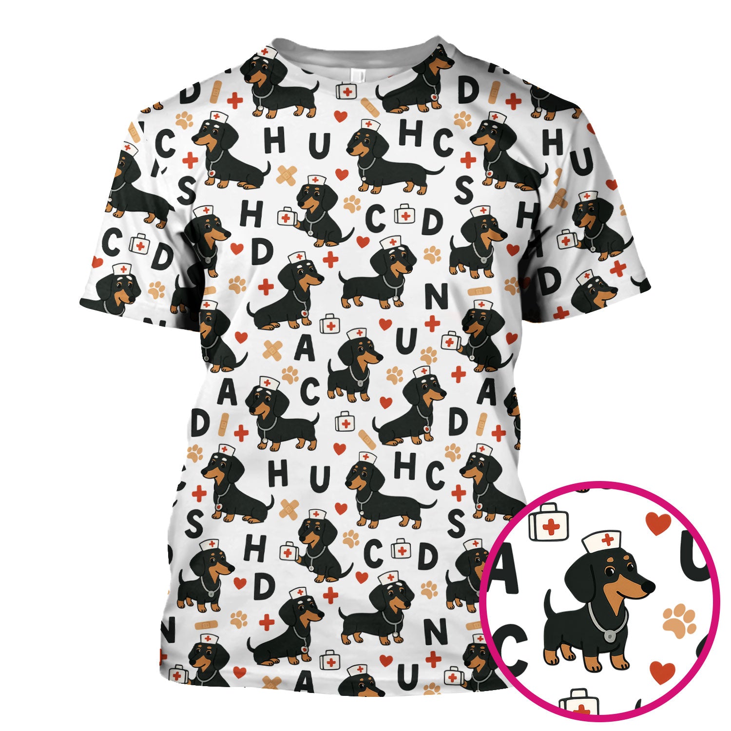 Dachshund Nurse Scrub Top for Women - Cute Dog Pattern Medical Shirt - Funny Sausage Dog Print Scrubs Gift for RN LPN CNA Healthcare Staff