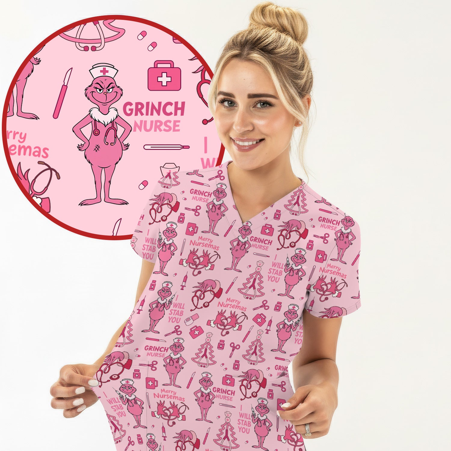 Personalized Funny Grinch Nurse Scrub Top - I Will Stab You - Multiple Color Options RN LPN CNA Gift