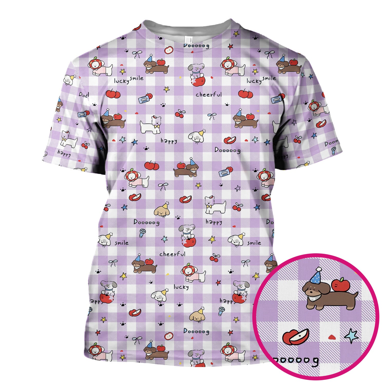 Cute Nurse Cartoon Puppy Apple Gingham Scrub Top, Breathable Fabrics Nursing Uniform