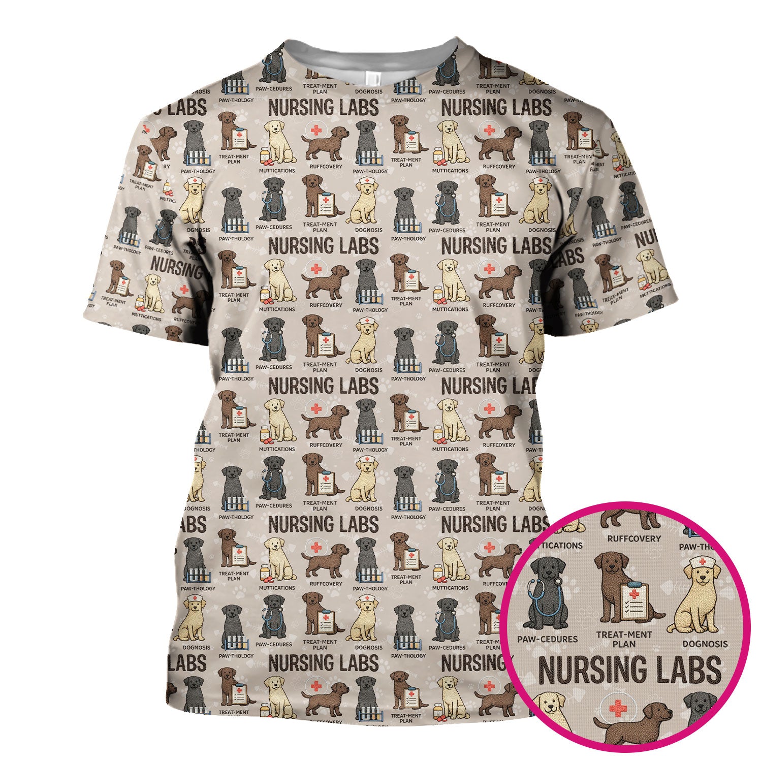 Playful Nursing Labs Dog Pattern Scrub Top, Comfortable Scrubs for Nurses