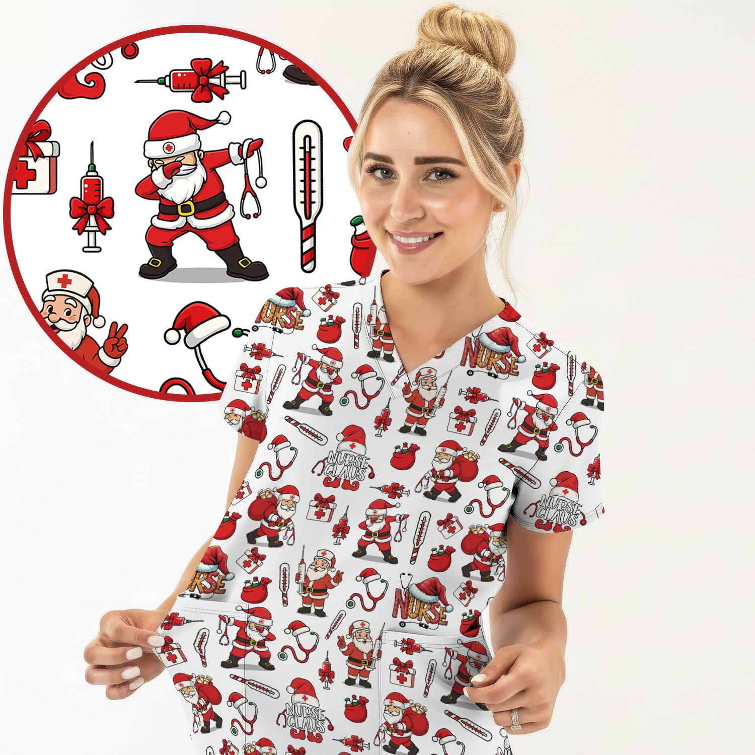 Nurse Claus Christmas Scrub Shirt - Cute Santa Nurse Scrub Top Multi Color - Funny Holiday Nursing Scrub Shirt with Pockets