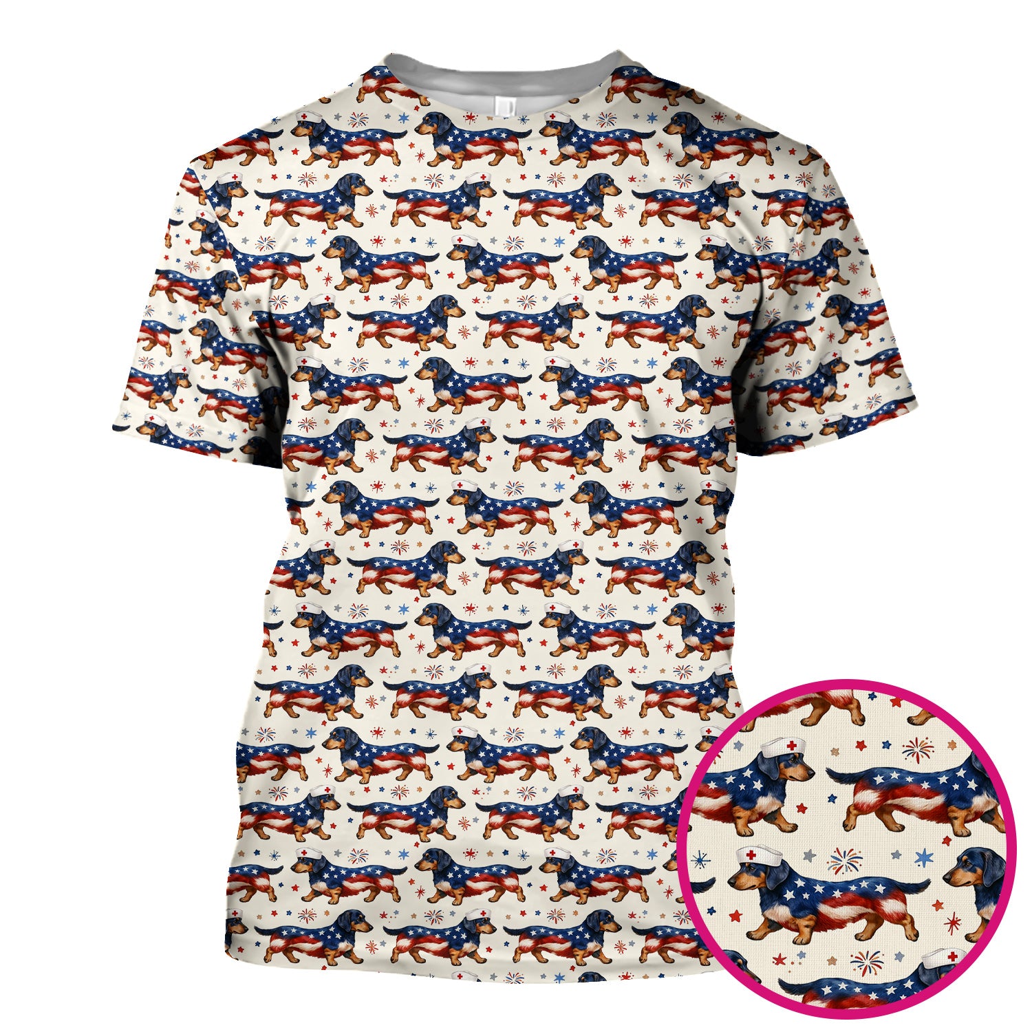 Patriotic Dachshund Dog American Flag Pattern Nurse Scrub Top, Breathable Fabrics Nursing Uniform