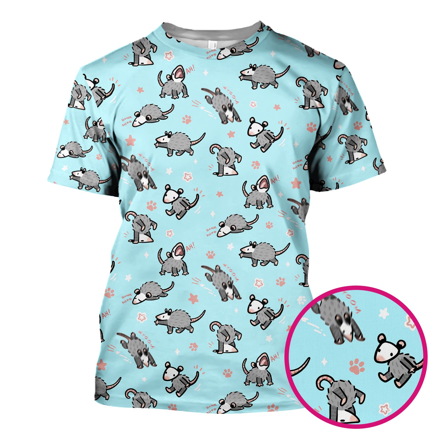 Playful Cartoon Opossum Character Pattern Scrub Top, Breathable Fabrics Nursing Uniform