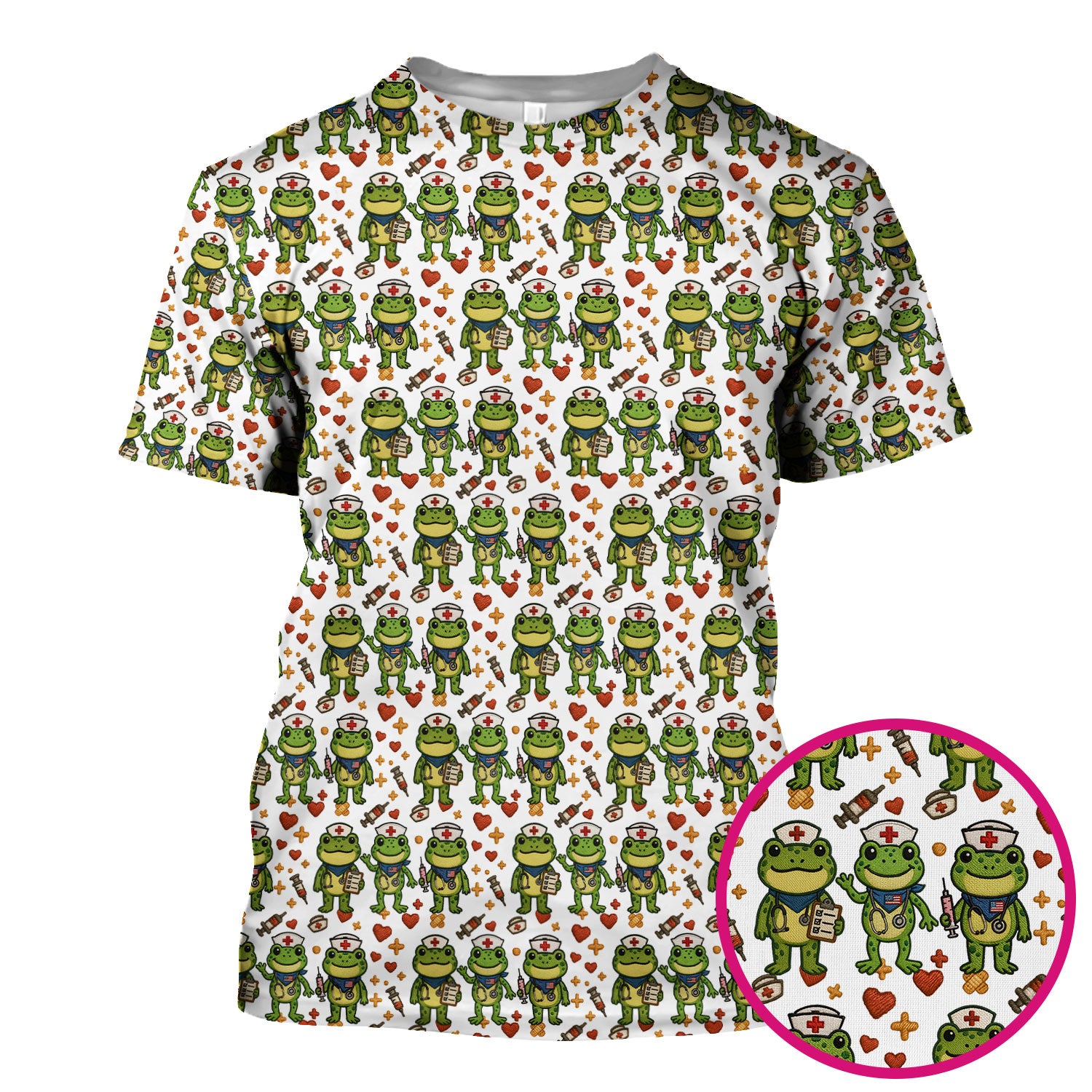 Frog Pattern Scrub Top, Cute Frog Scrub Shirt, Breathable Fabrics Nursing Uniform