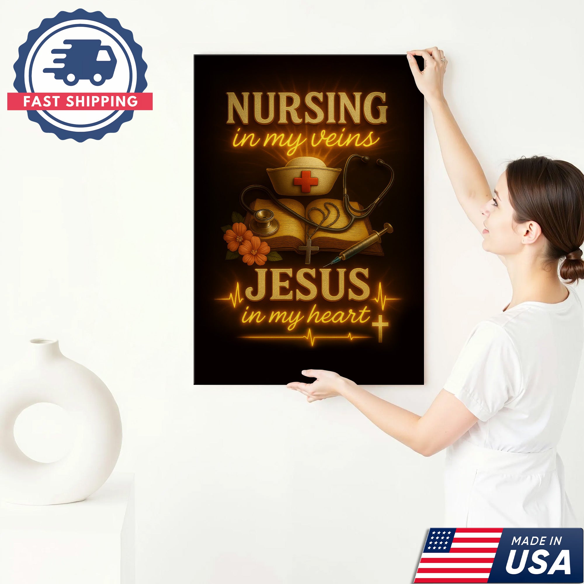 Christian Nurse Wall Art Canvas, Nursing in My Veins Jesus in My Heart, Gift for RN CNA LPN Women