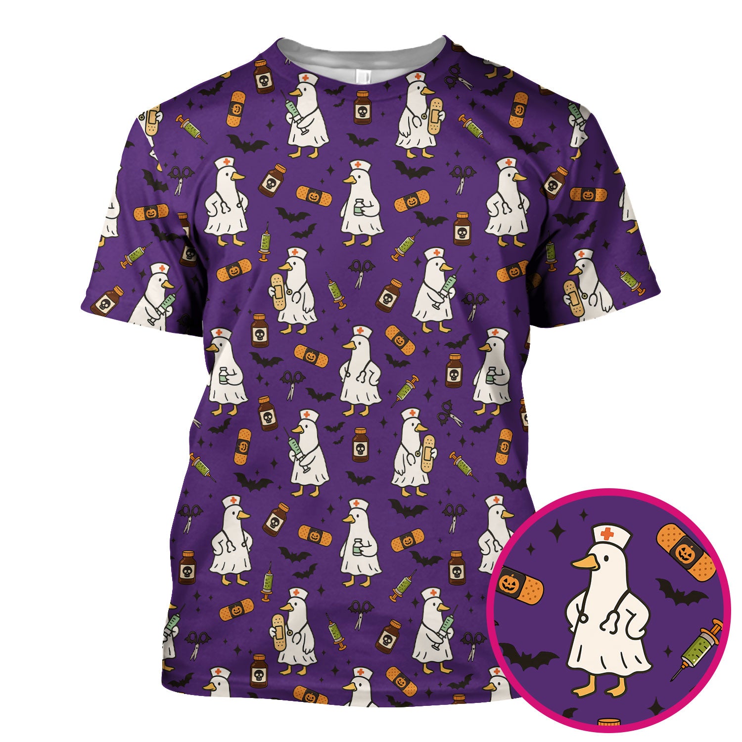 Funny Goose Nurse Scrub Top - Cute Halloween Duck Pattern Shirt with Bats & Bandages - Spooky Nursing Gift for Women RN LPN CNA