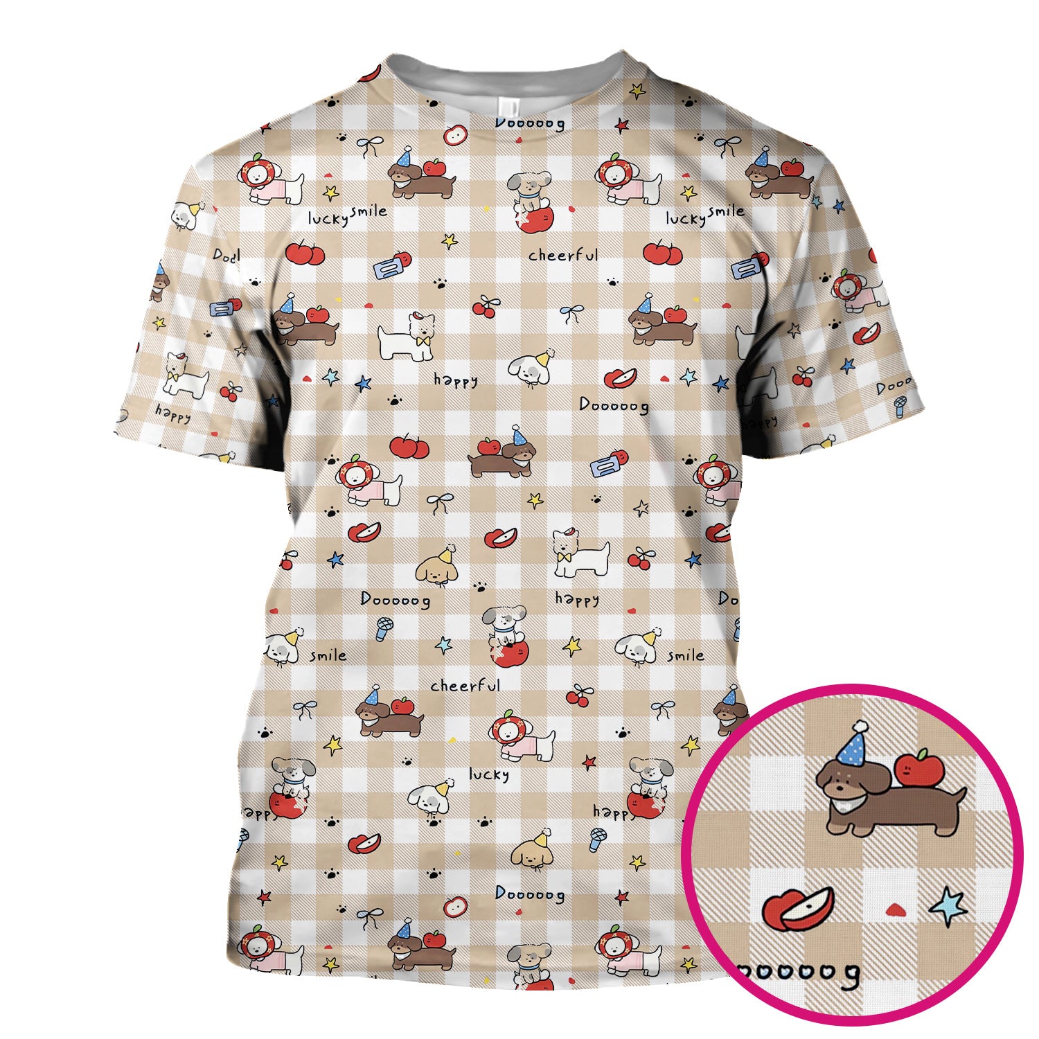 Cute Nurse Cartoon Puppy Apple Gingham Scrub Top, Breathable Fabrics Nursing Uniform