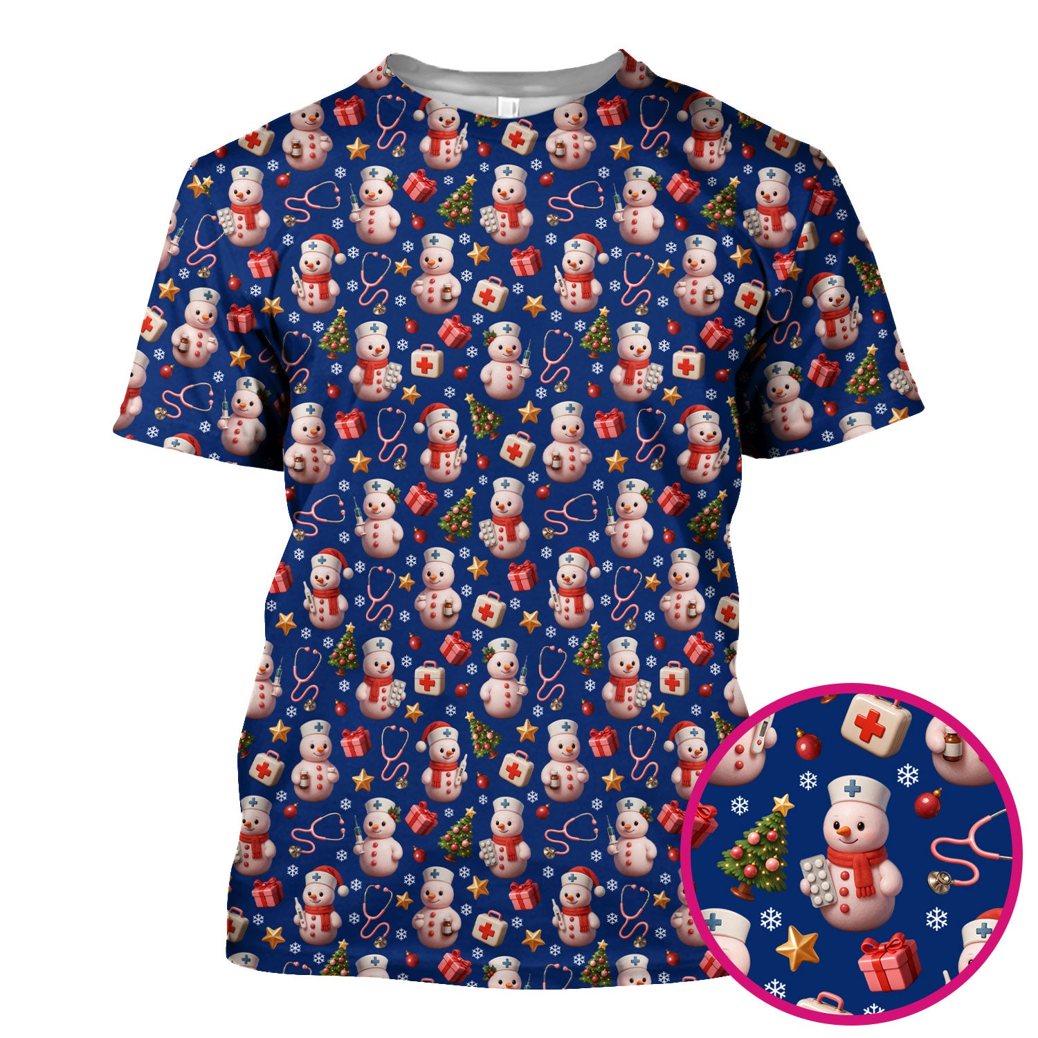 Snowman Pattern Christmas Nurse Scrub Top - Cute Holiday Medical Shirt - Funny Festive Scrubs Gift for RN LPN CNA Nurses