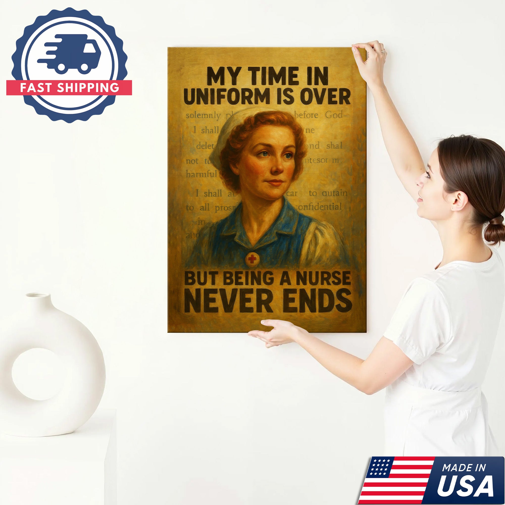 Retired Nurse Wall Art Canvas, My Time in Uniform Is Over, Gift for Nurse RN CNA LPN Women