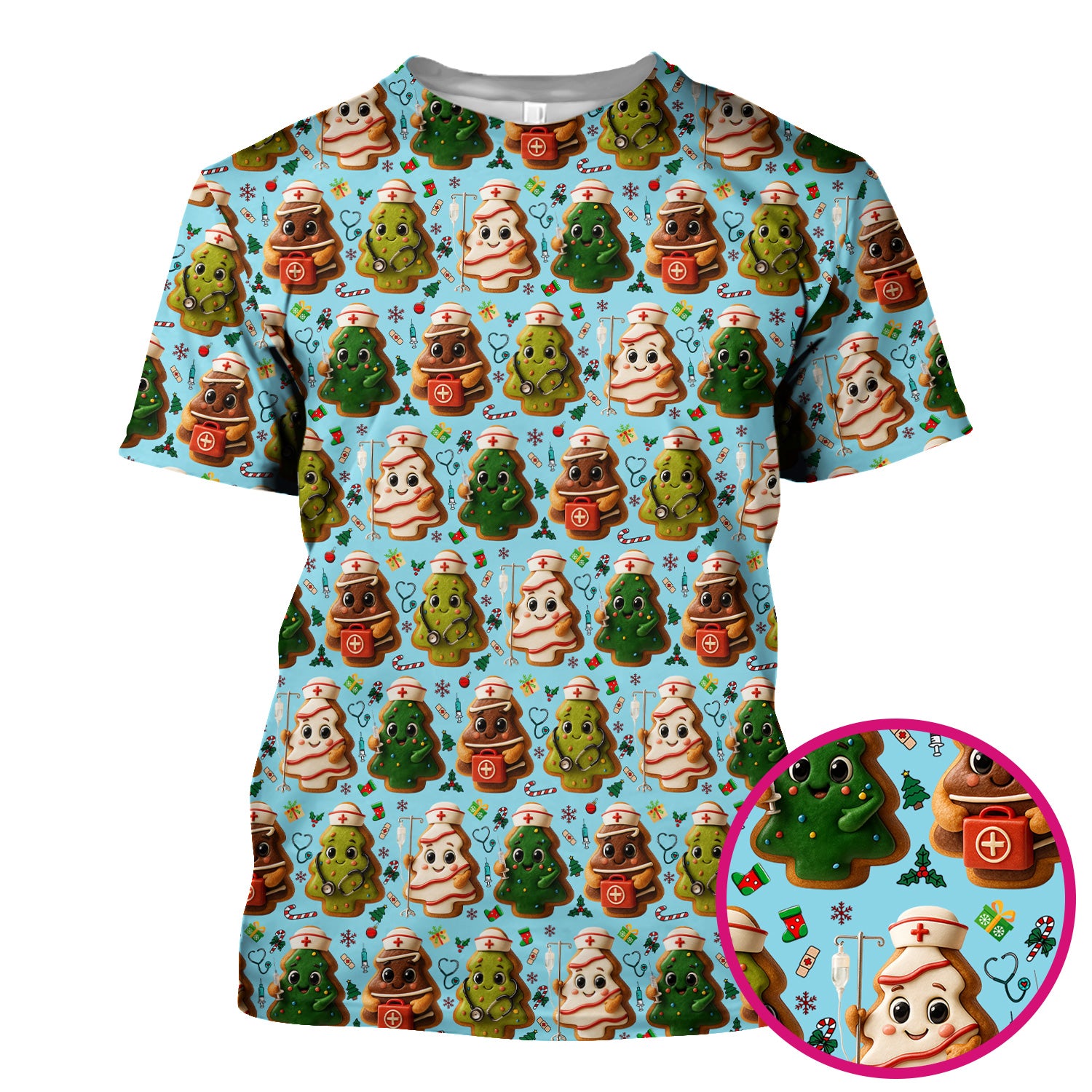 Christmas Cookie Scrub Top – Festive Nurse & Holiday Tree Pattern – Cute Medical Uniform for Nurses, Vets and Healthcare Workers
