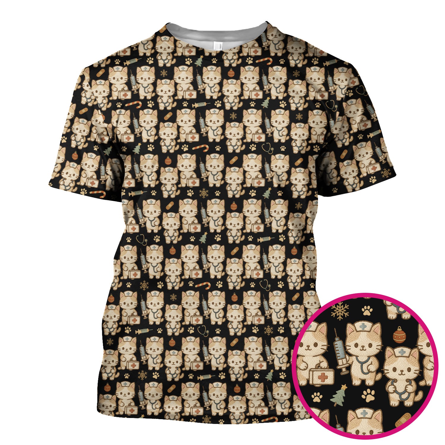 Cute Cat Nurse Christmas Scrub Top, Kawaii Kitty Medical Pattern Shirt, Breathable Fabrics Nursing Uniform