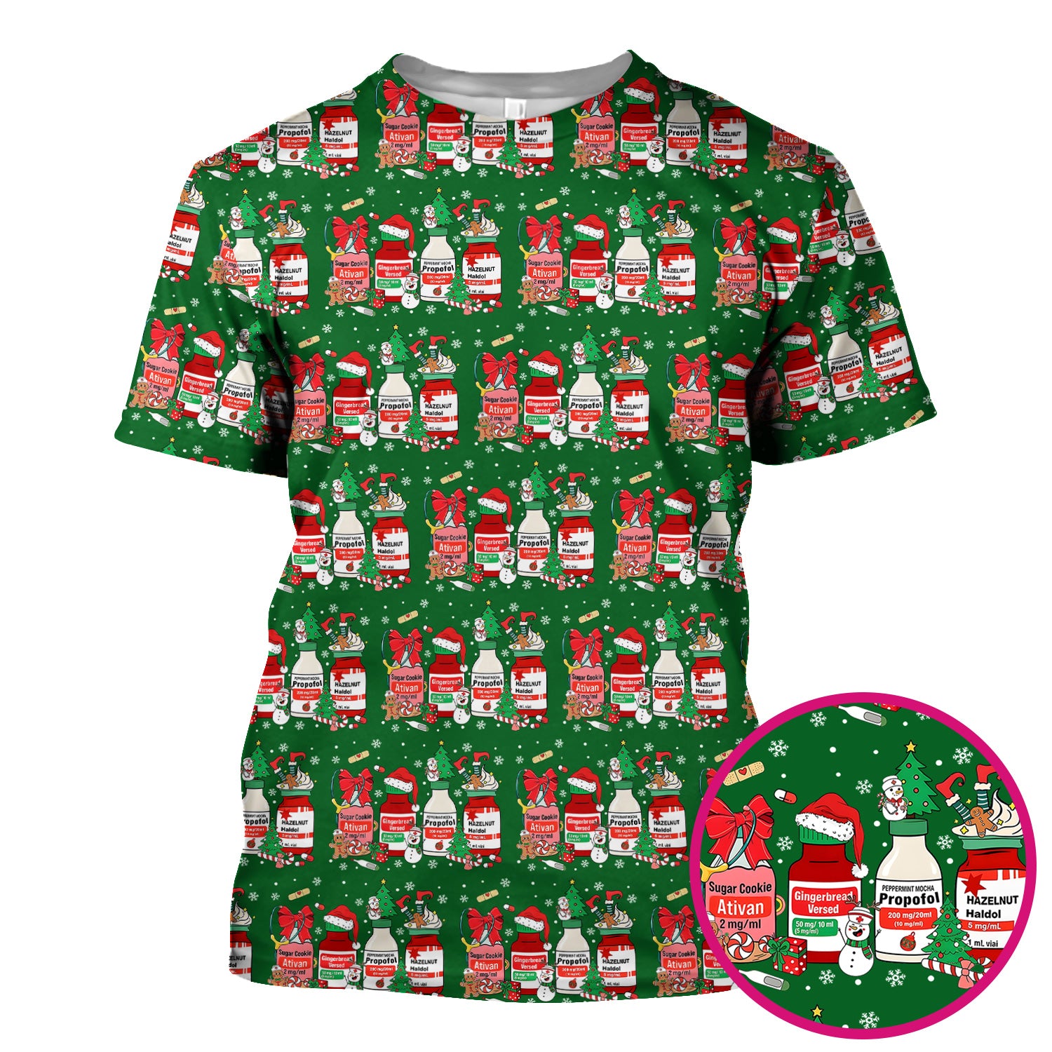 Funny Christmas Medication Scrub Top – Festive Holiday Pharma Bottles Pattern – Playful Medical Uniform for Nurses, Pharmacists & Healthcare Workers
