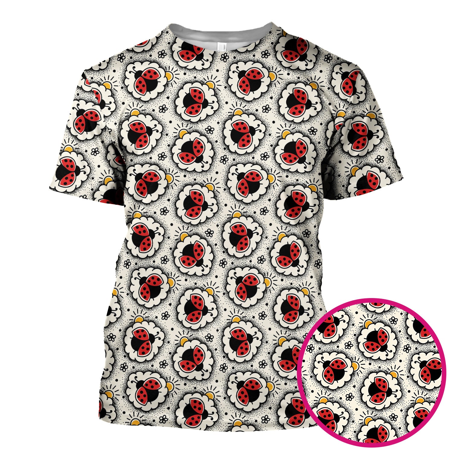 Cute Ladybug in Floral Frame Pattern Scrub Top, Breathable Fabrics Nursing Uniform