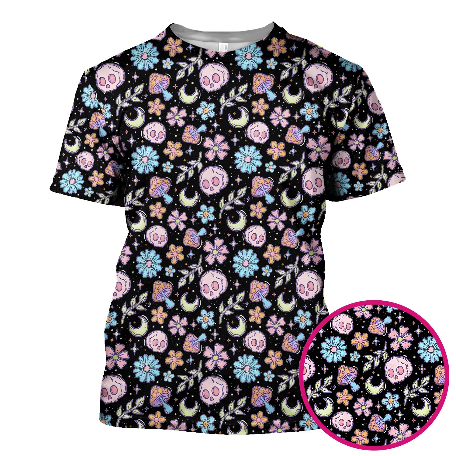Neon Skull Mushroom Floral Scrub Top, Colorful Gothic Nurse Scrubs Uniform