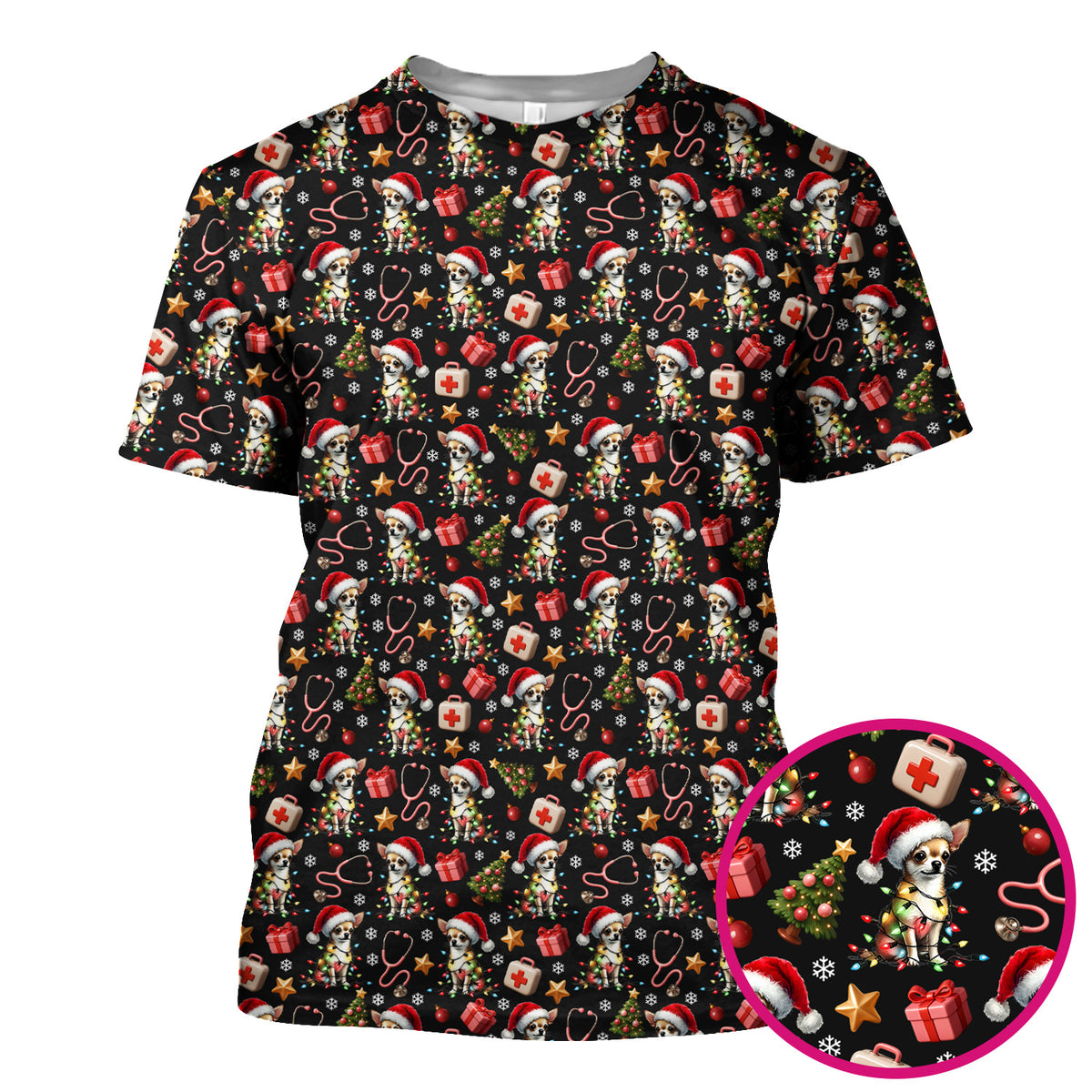 Funny Chihuahua Nurse Scrub Top, Christmas Dog Pattern Medical Shirt, Holiday Scrubs for RN, LPN, CNA, Vet Tech Gift