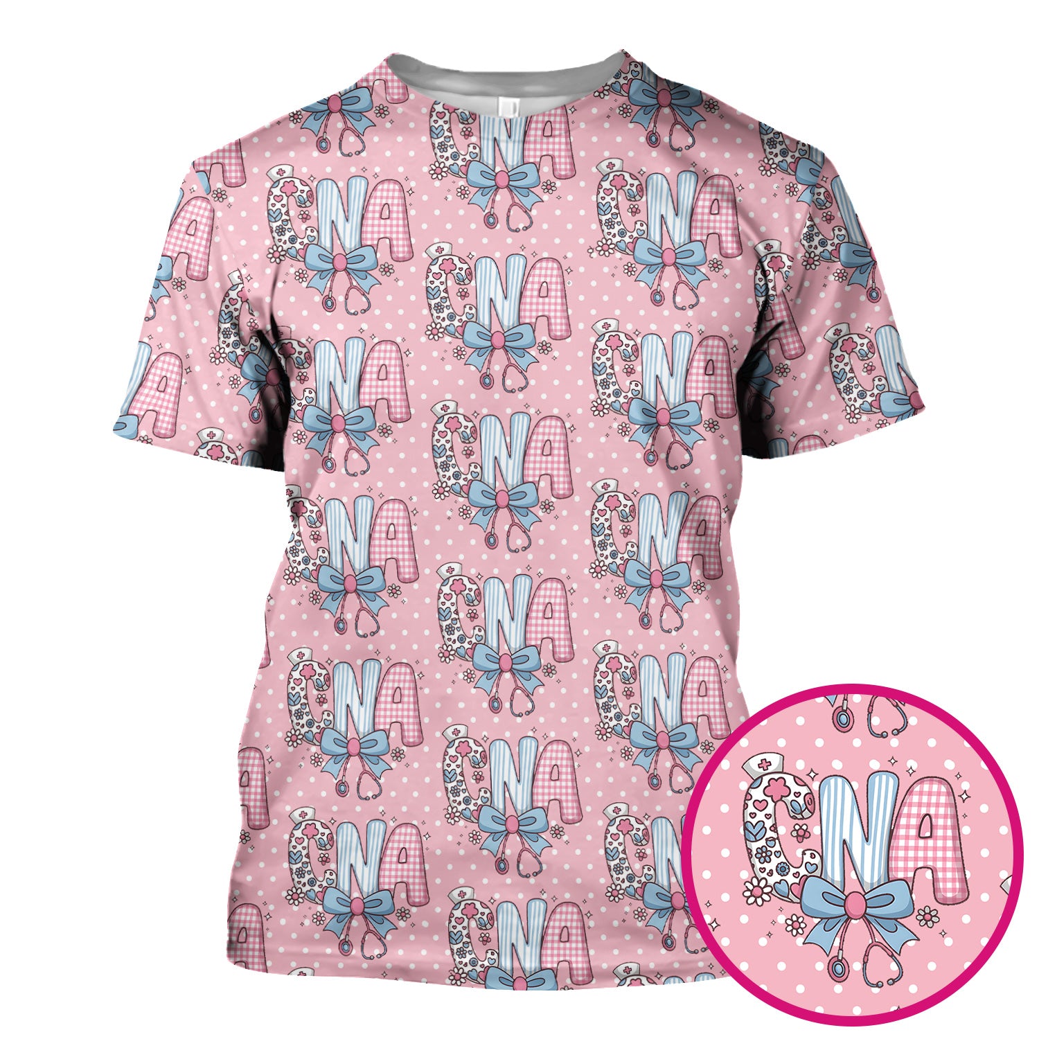 Cute CNA Floral Bow Pattern Scrub Top, Breathable Fabrics Nursing Uniform