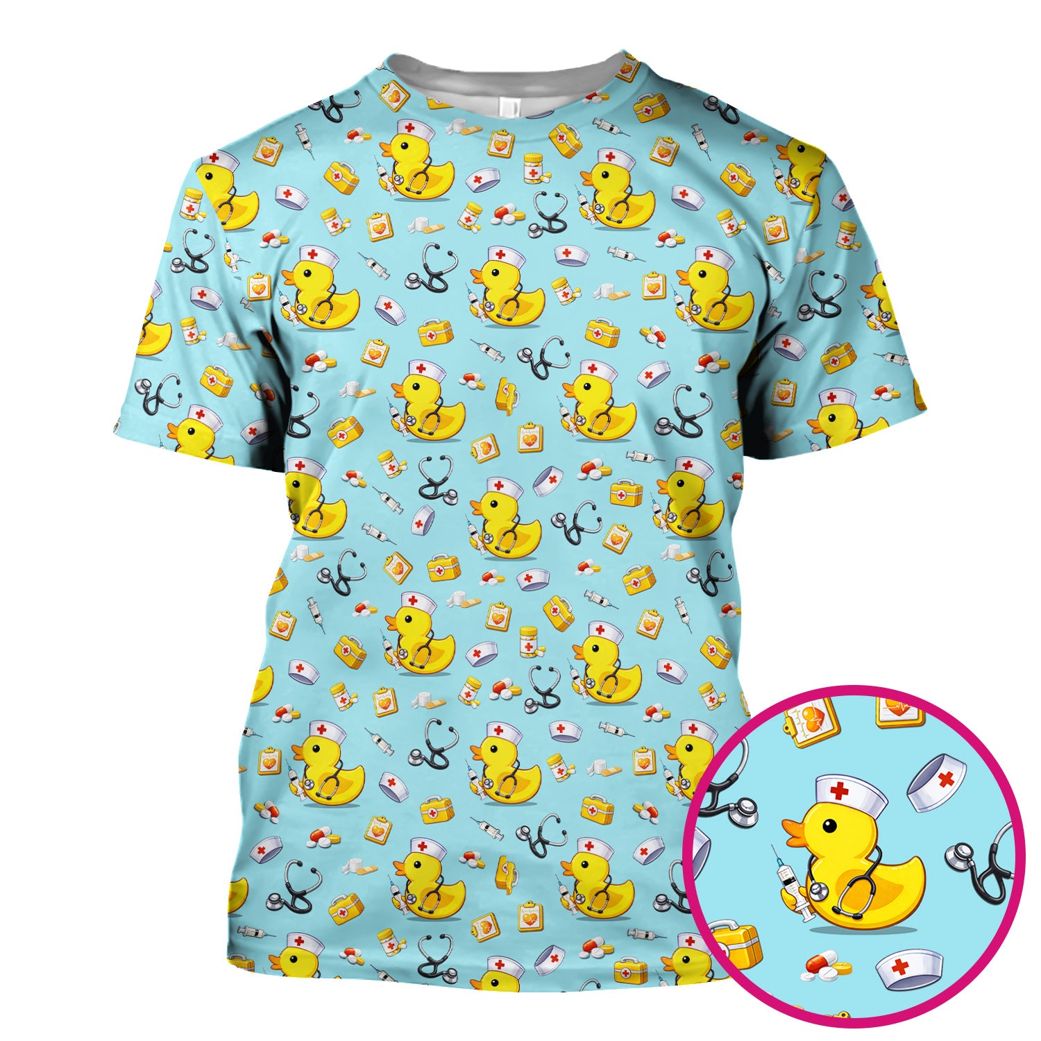 Playful Medical Duck Print Nurse Scrub Top, Comfortable Scrubs for Nurses