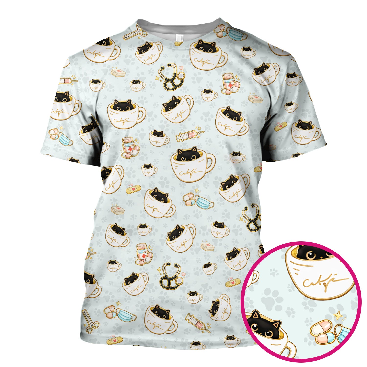 Cute Coffee Cat Medical Print Scrub Top, Breathable Fabrics Nursing Uniform