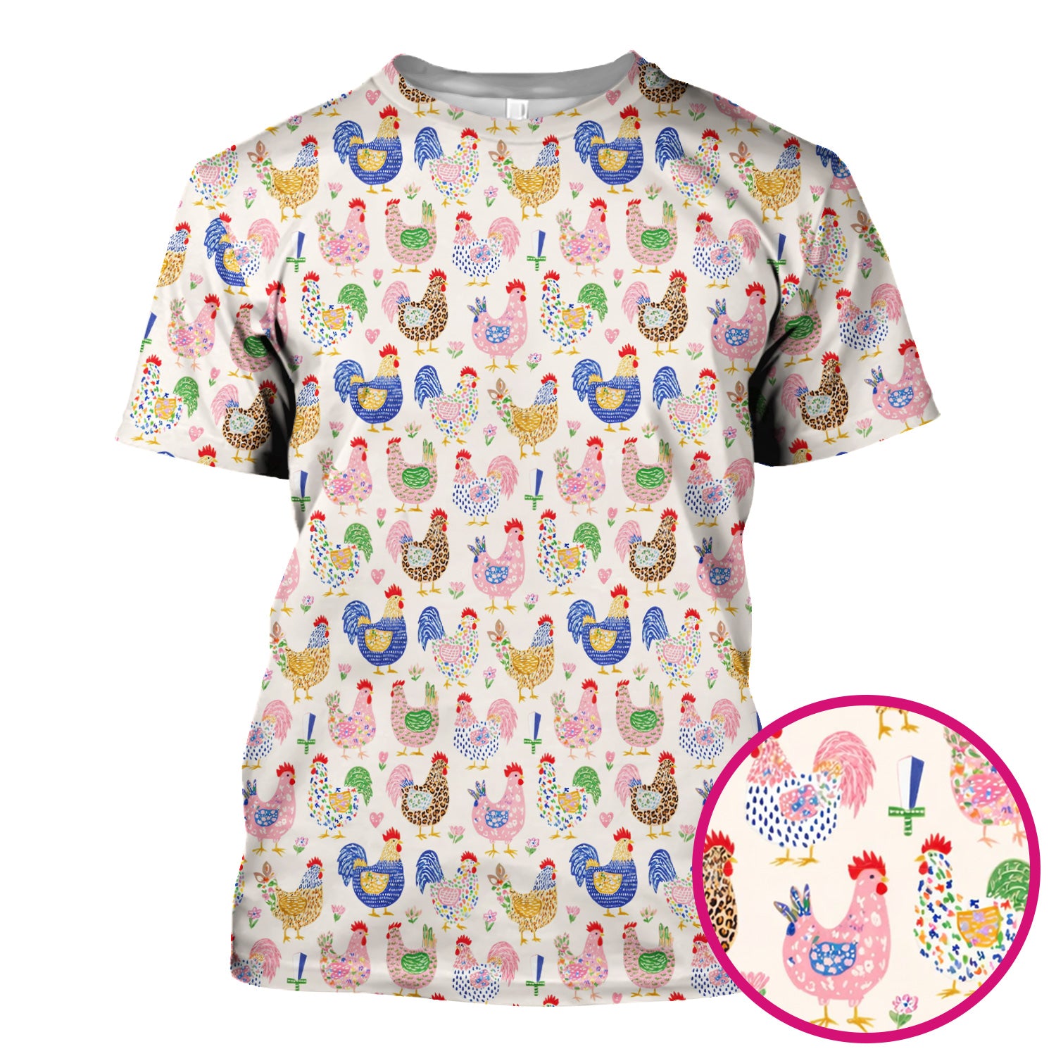 Colorful Chicken Farm Pattern Scrub Top, Breathable Fabrics Nursing Uniform