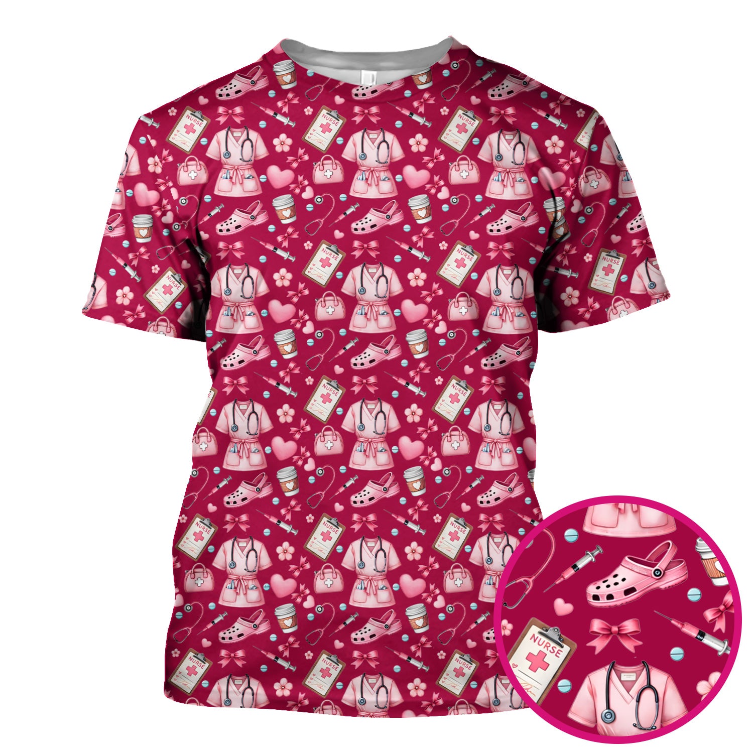 Valentine Pink Nurse Icons Print Scrub Top, Comfortable Scrubs for Nurses