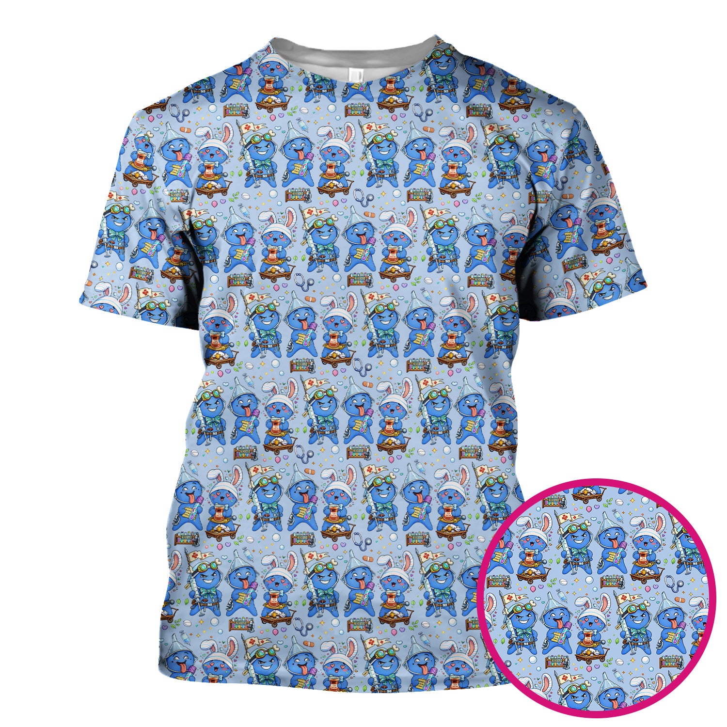 Cute Glove Doll Hospital Medical Cartoon Nurse Pattern Scrub Top, Comfortable Scrubs for Nurses