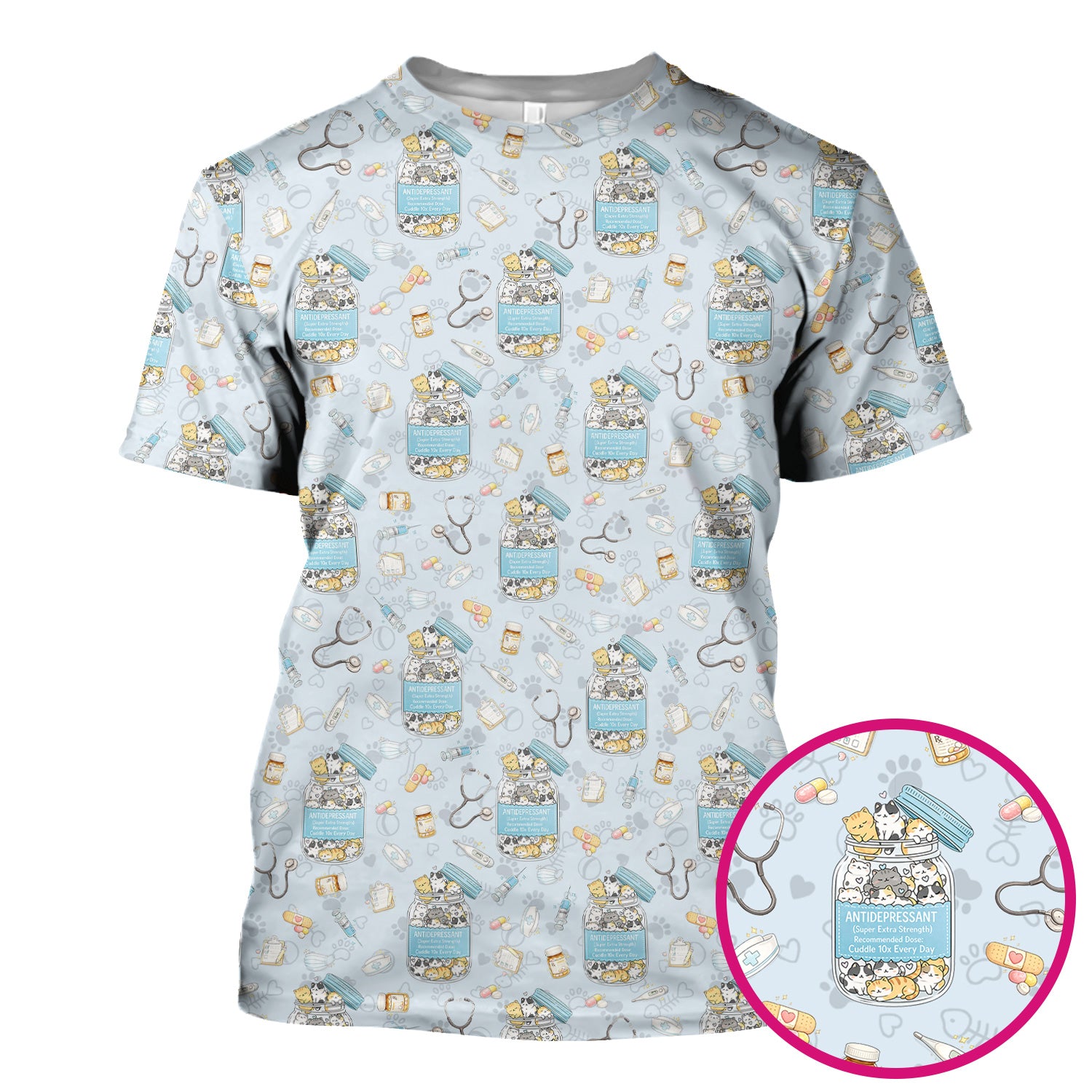 Cute Antidepressant Cat Jar Print Nurse Scrub Top, Breathable Fabrics Nursing Uniform