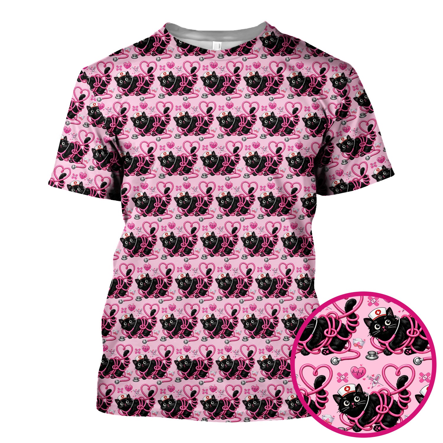 Valentine Cute Cat Nurse Heart Print Scrub Top, Comfortable Scrubs for Nurses