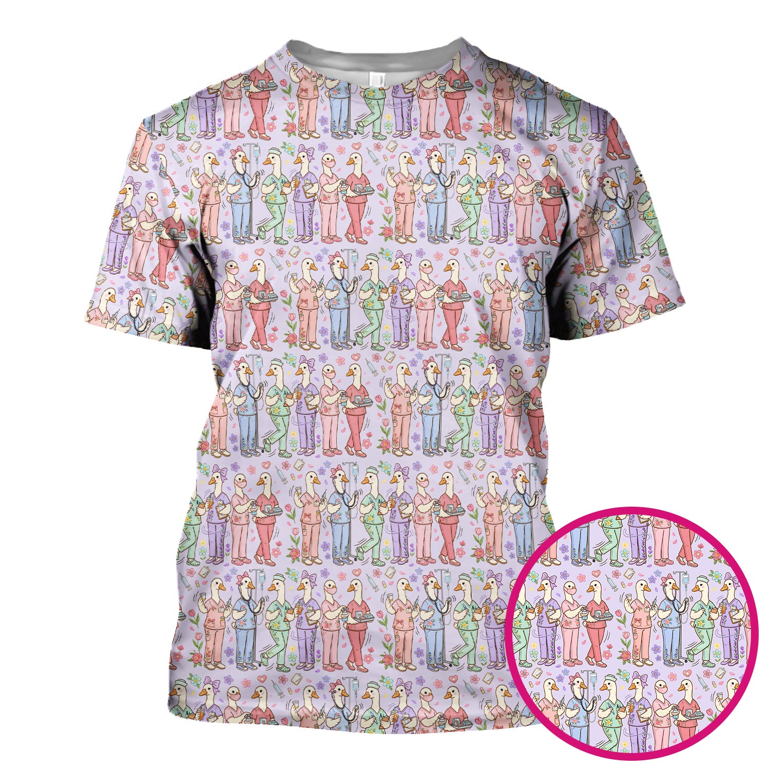 Goose Characters Floral Medical Team Uniform Pattern Scrub Top, Breathable Fabrics Nursing Uniform