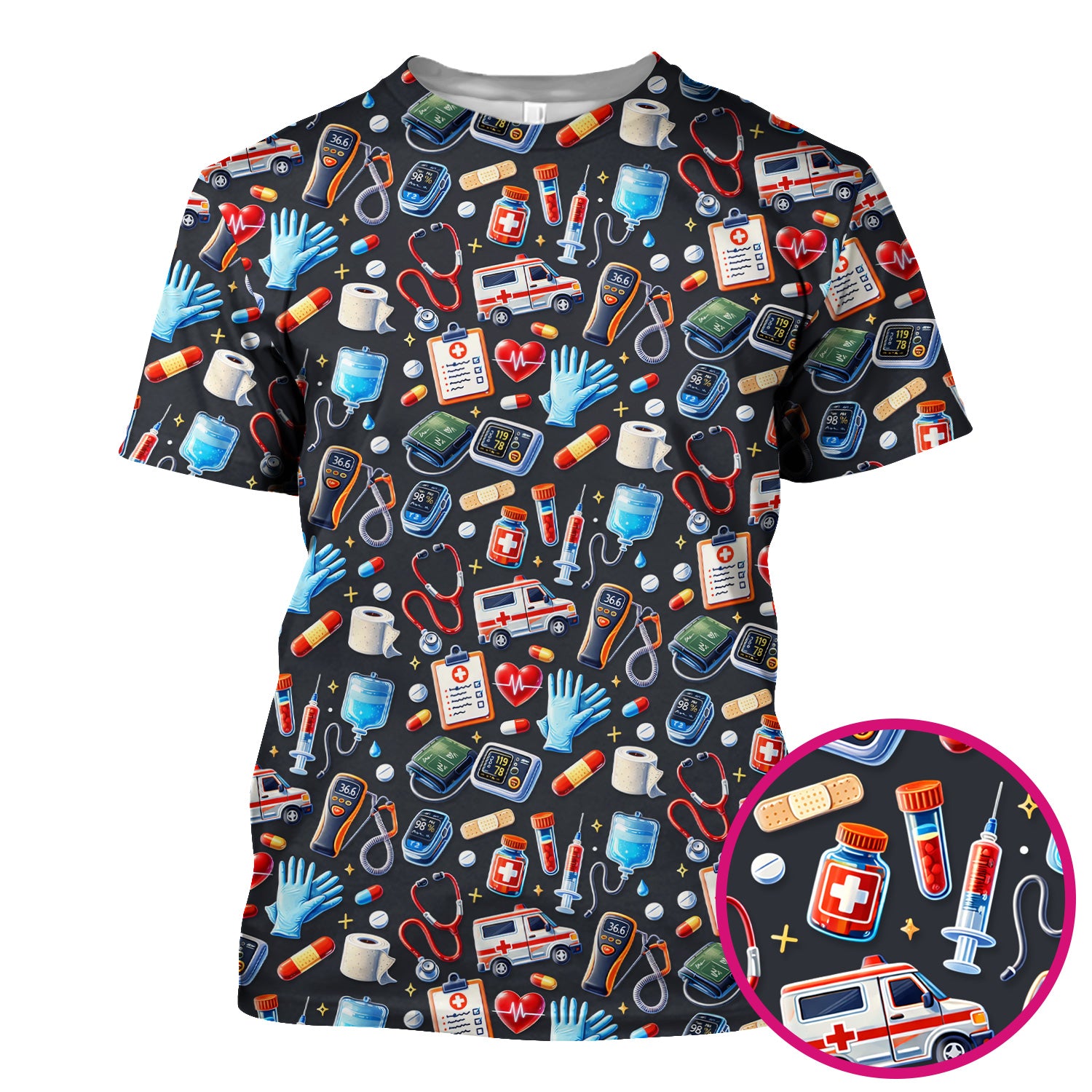 Medical Tools Pattern Ambulance Stethoscope Scrub Top, Comfortable Scrubs for Nurses