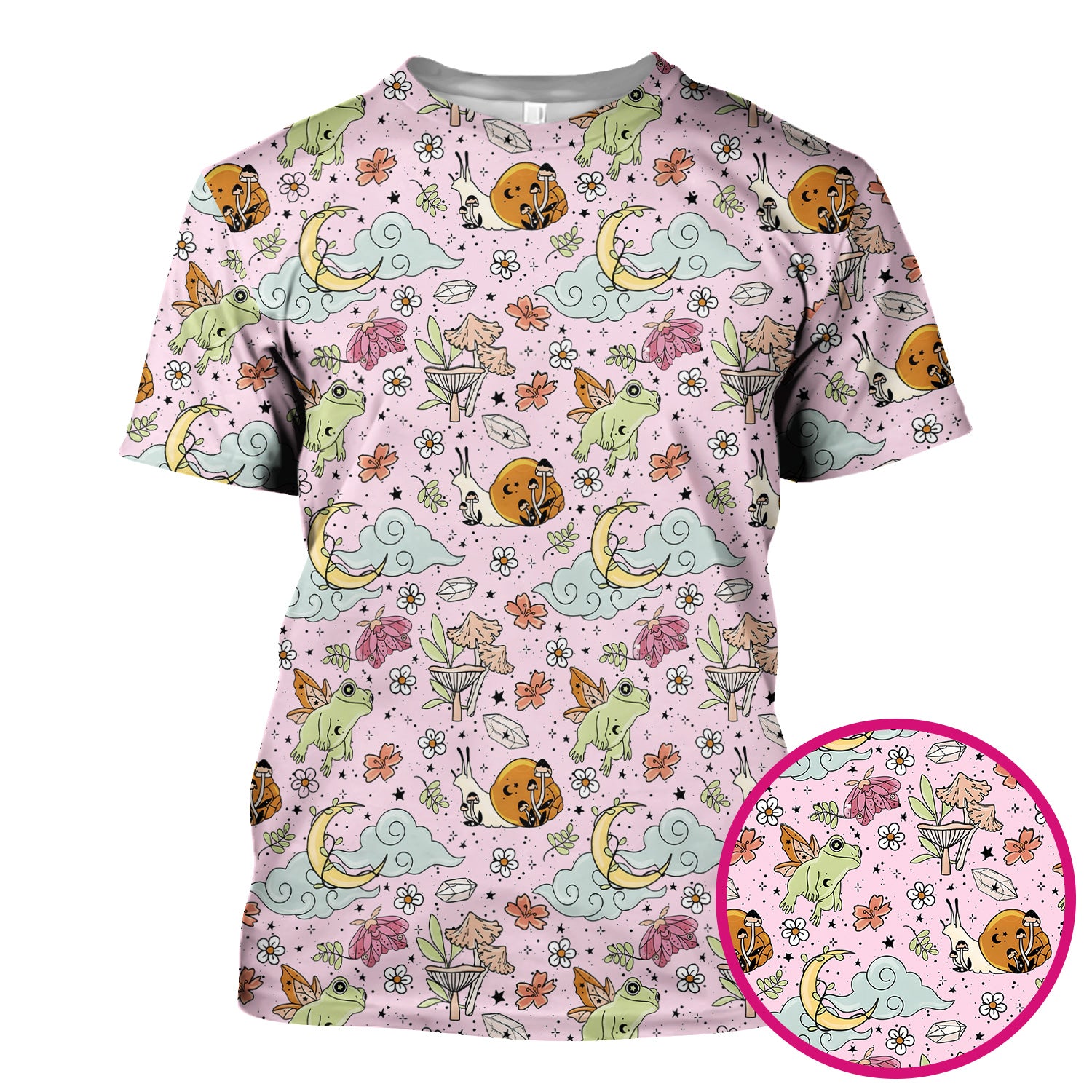 Whimsical Frog Moon Mushroom Pattern Scrub Top, Fantasy Nature Print, Breathable Fabrics Nursing Uniform