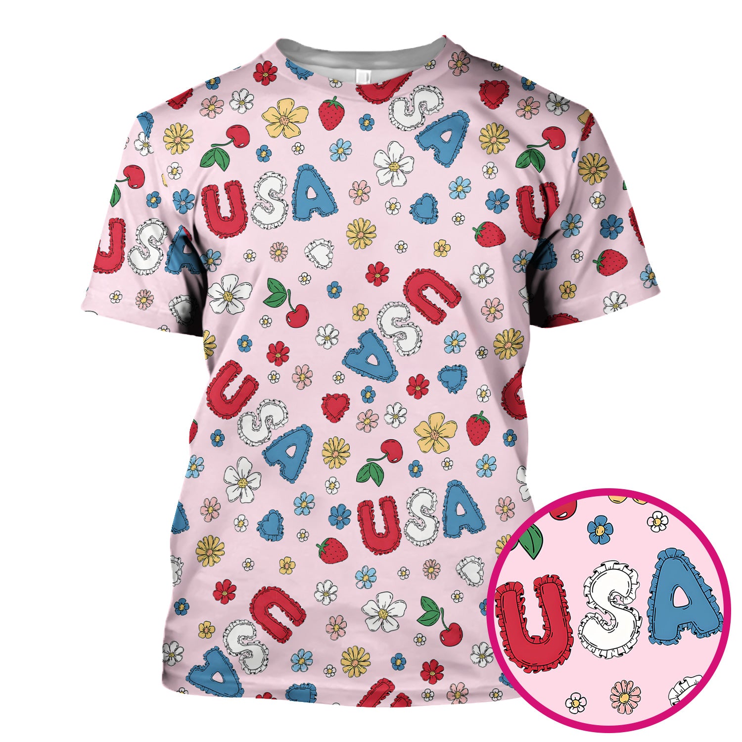 USA Cherry Strawberry Floral Patch Pattern Scrub Top, Comfortable Scrubs for Nurses