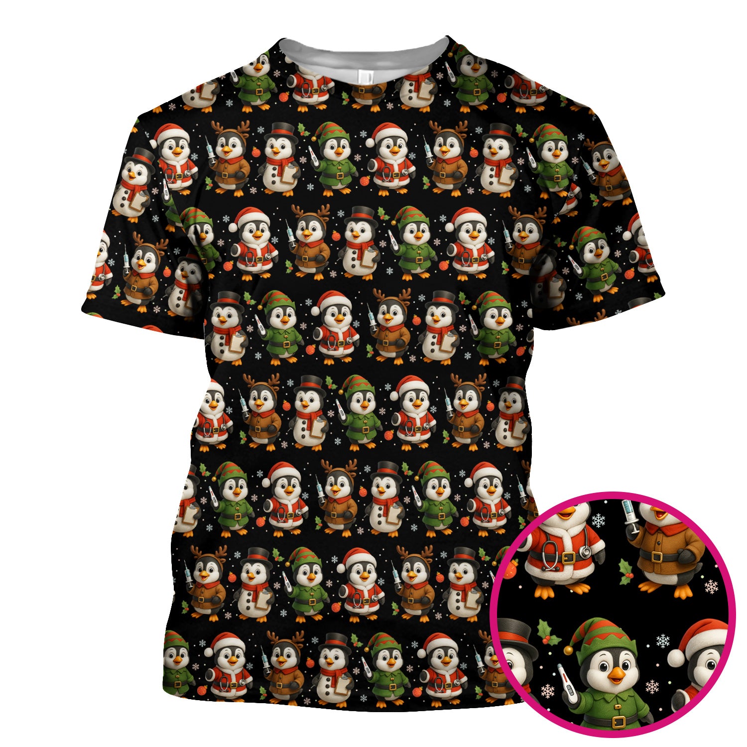 Christmas Scrubs for Women - Cute Penguin Pattern Scrub Top for Nurses - Holiday Penguin Christmas Scrubs Gift Idea