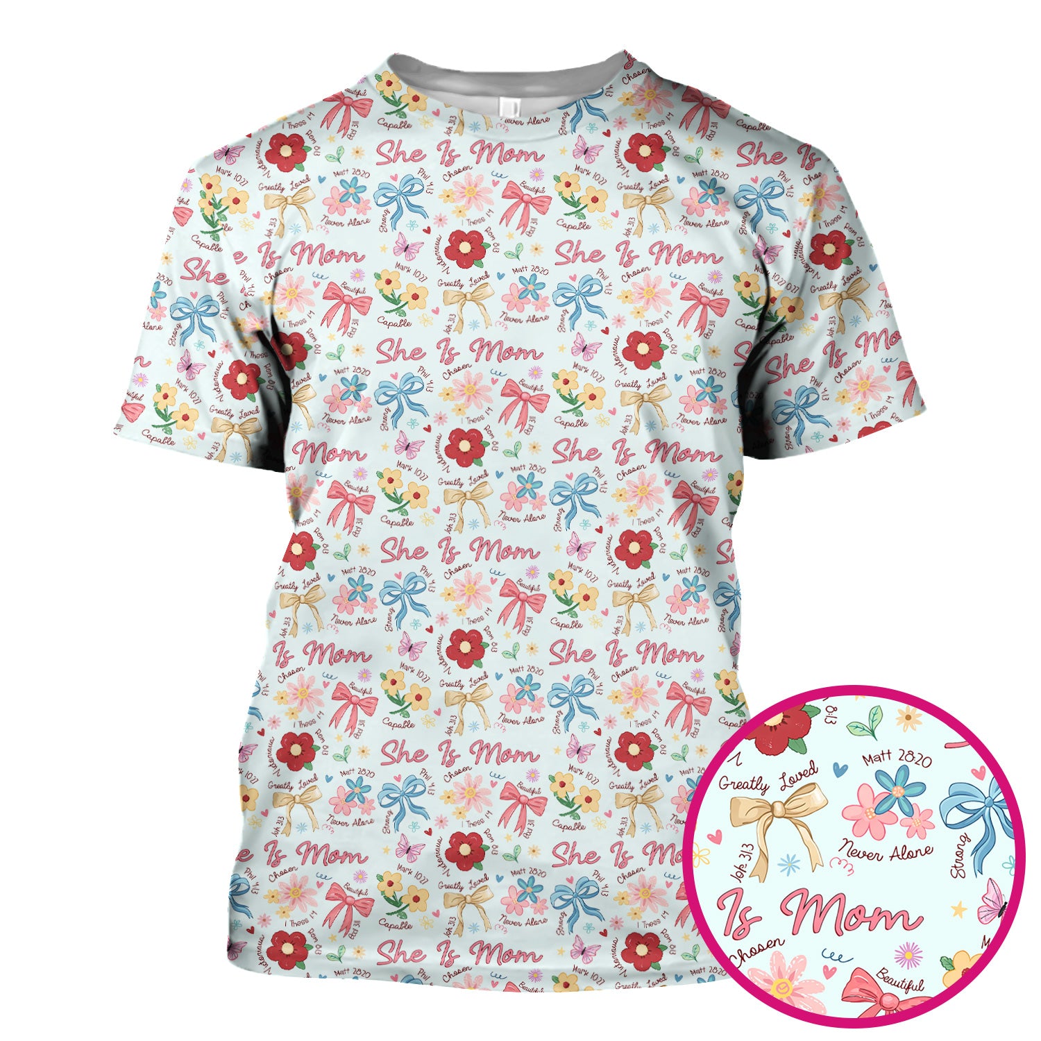 She Is Mom Floral Bow Pattern Scrub Top, Comfortable Scrubs for Nurses