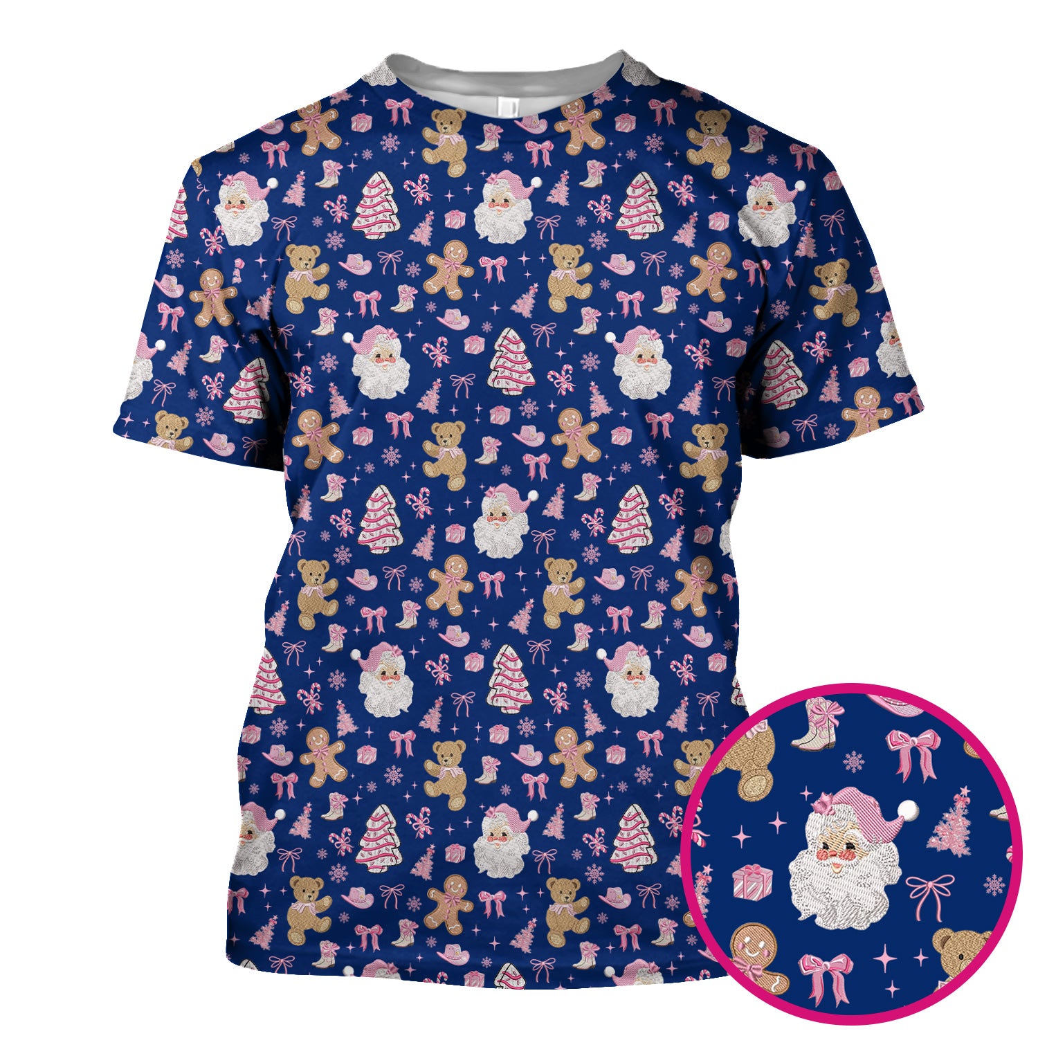 Pink Christmas Santa Gingerbread Scrub Top, Cute Holiday Medical Pattern Shirt, Breathable Fabrics Nursing Uniform