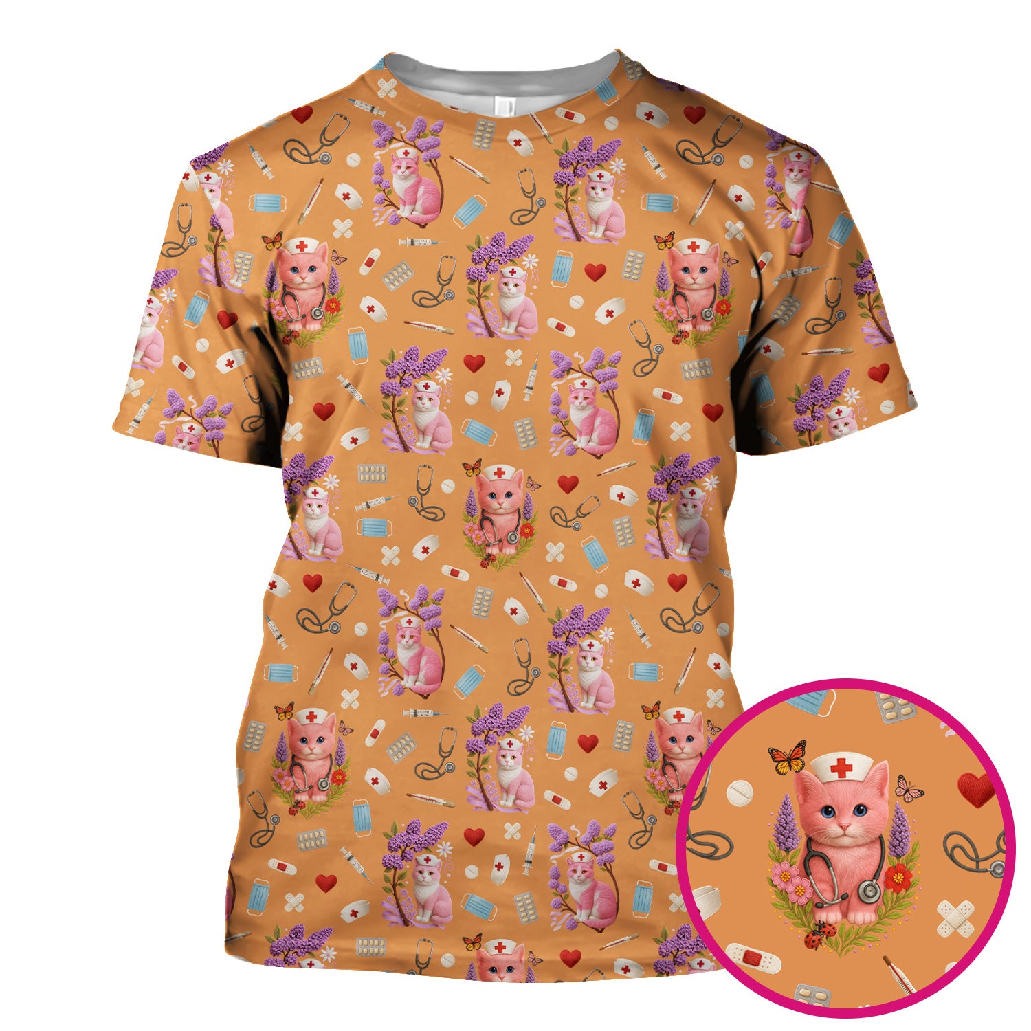 Pink Cat Nurse Scrub Top - Cute Medical Pattern Scrubs for Women - Funny Kitty Print Shirt Gift for RN LPN CNA Healthcare Workers