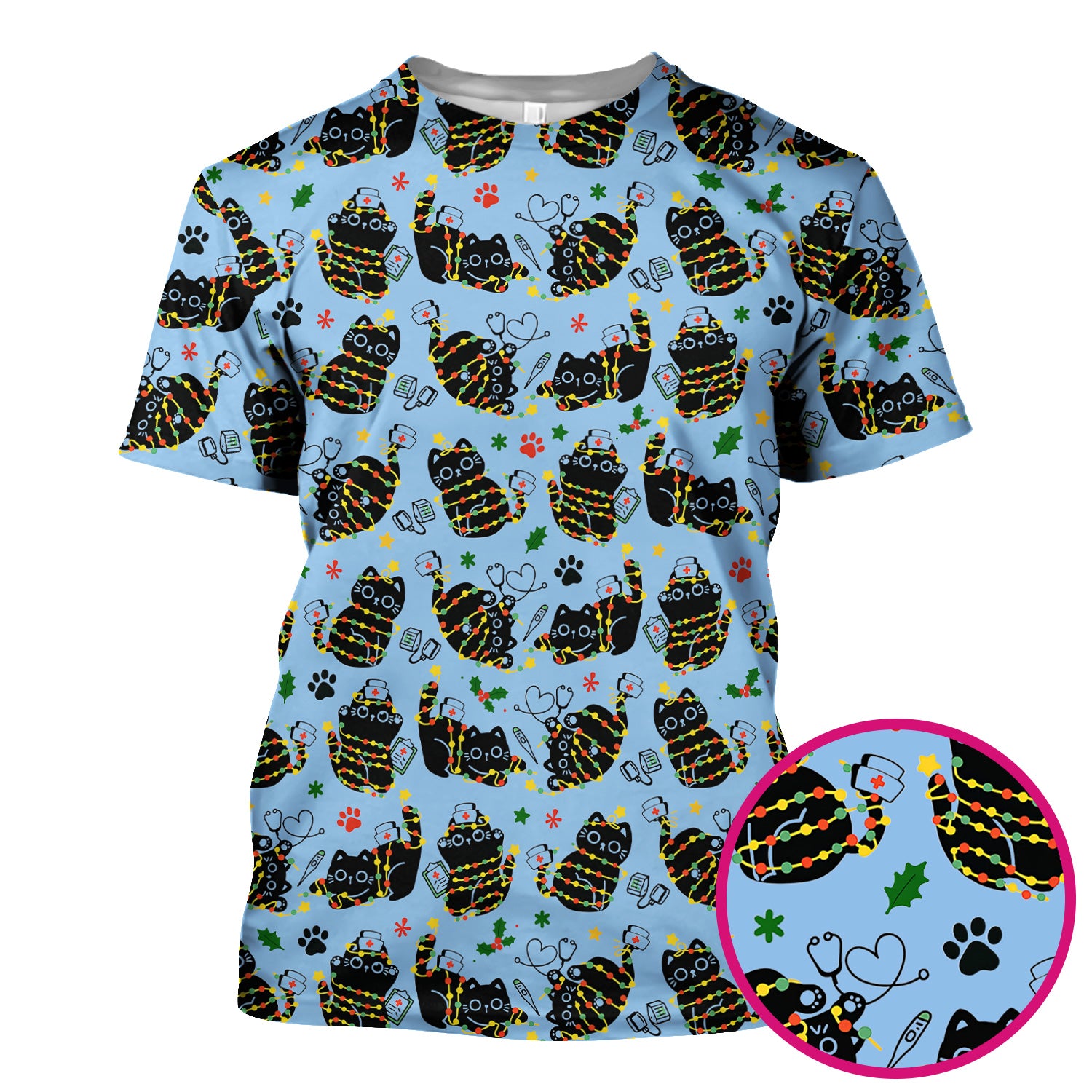 Black Cat Christmas Scrub Top – Nurse & Holiday Lights Pattern Shirt – Cute Medical Uniform For Nursing