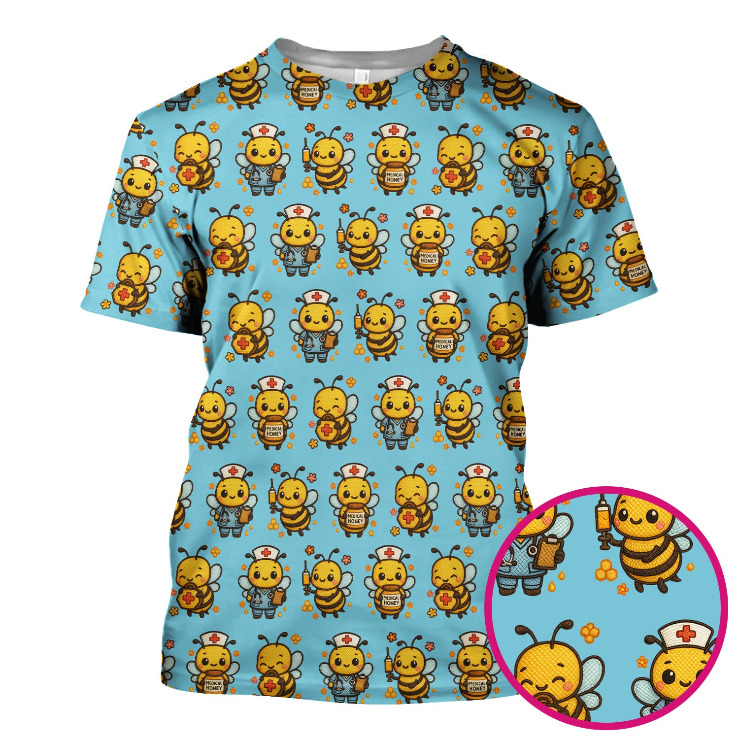 Cute Nurse Bee Scrub Top, Kawaii Medical Honey Bee Pattern Shirt for Nursing Professionals