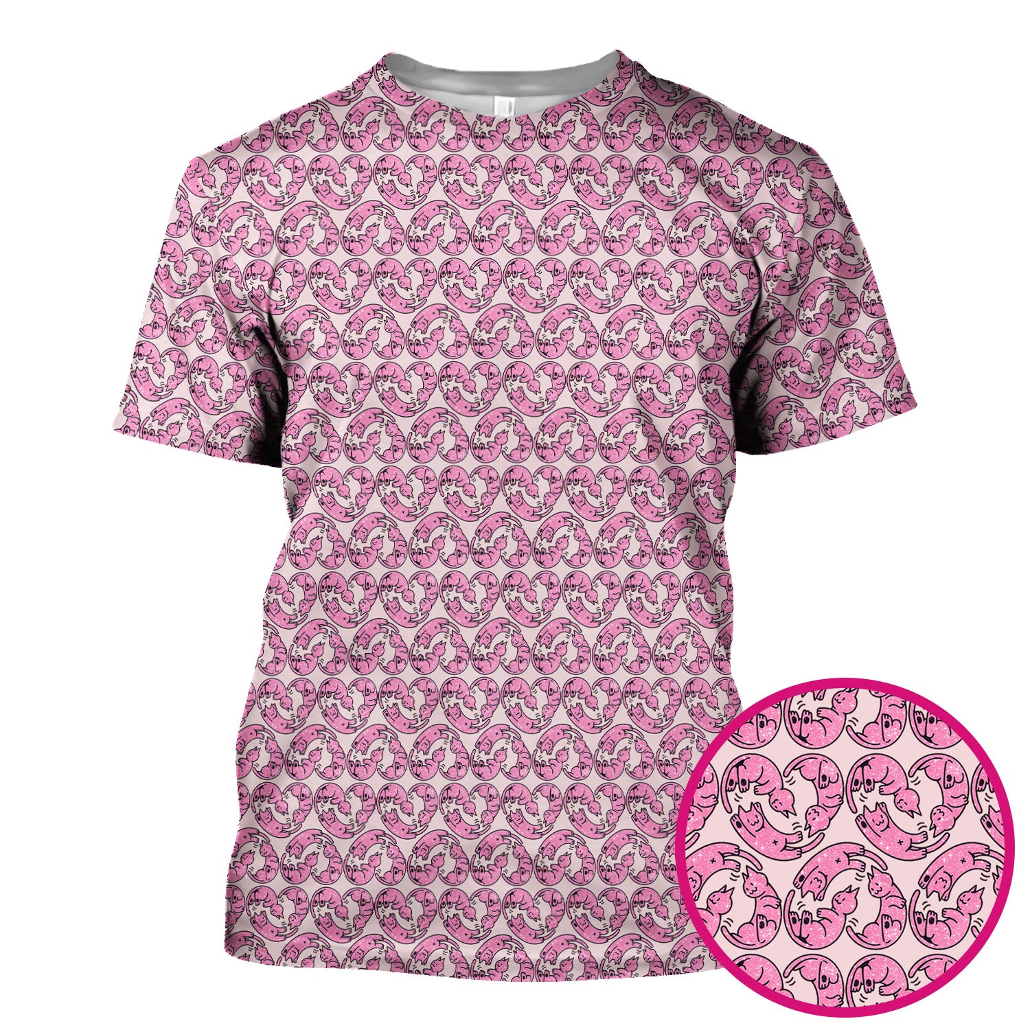 Cute Pink Cat Cartoon Pattern Scrub Top, Comfortable Scrubs for Nurses
