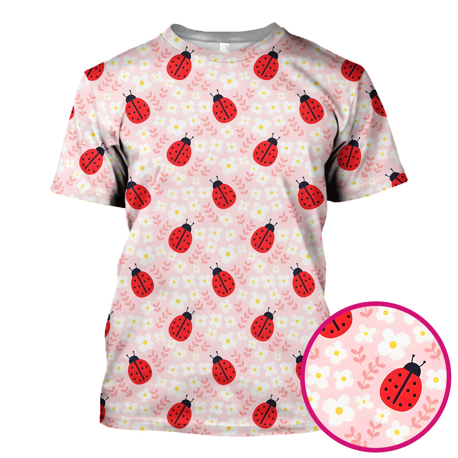 Cute Ladybug Blossom Print Scrub Top, Pastel Garden Medical Scrubs for Women