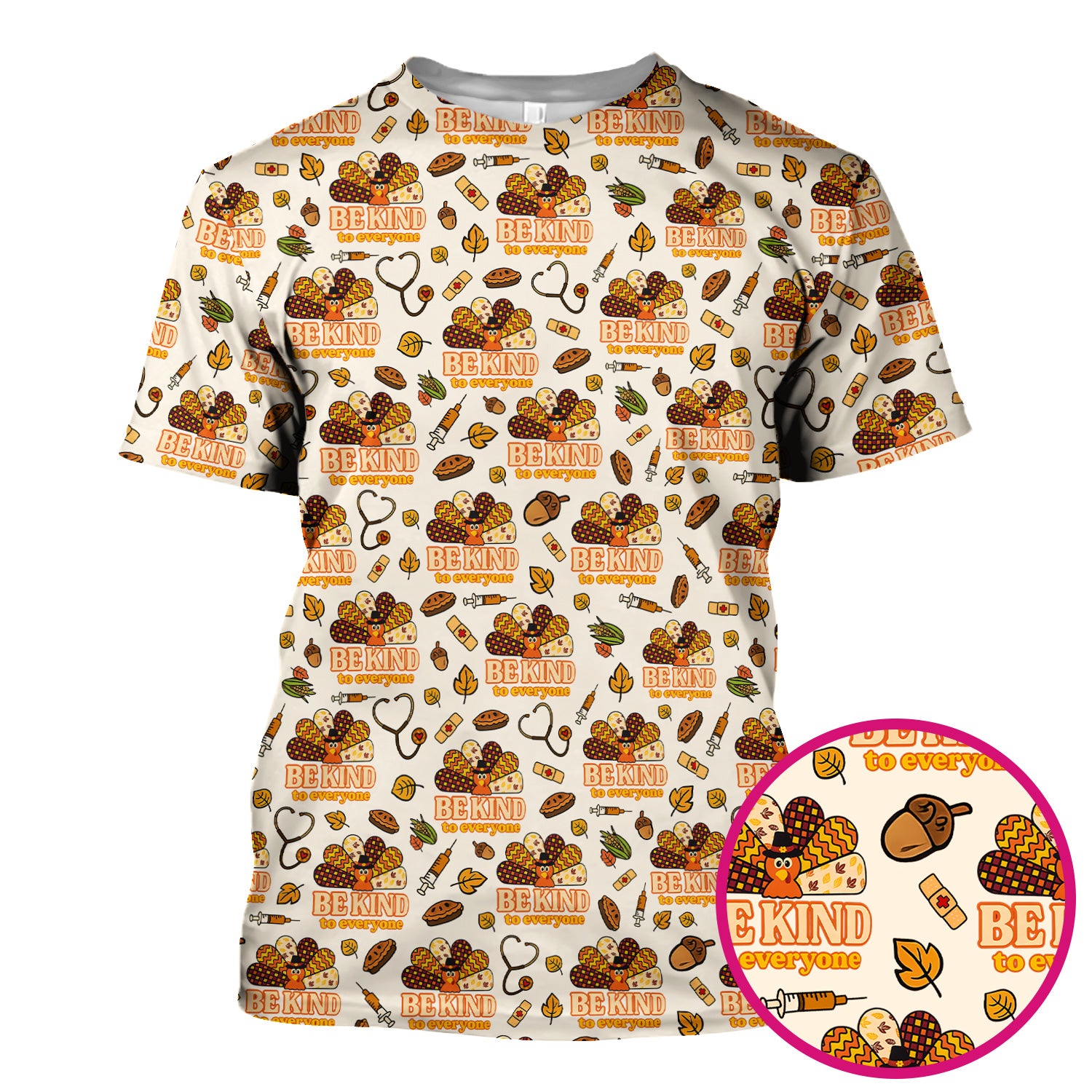 Thanksgiving Be Kind Scrub Top – Fall Nurse Shirt with Heart and Leaf Pattern – Cute Autumn Medical Uniform for Healthcare Staff