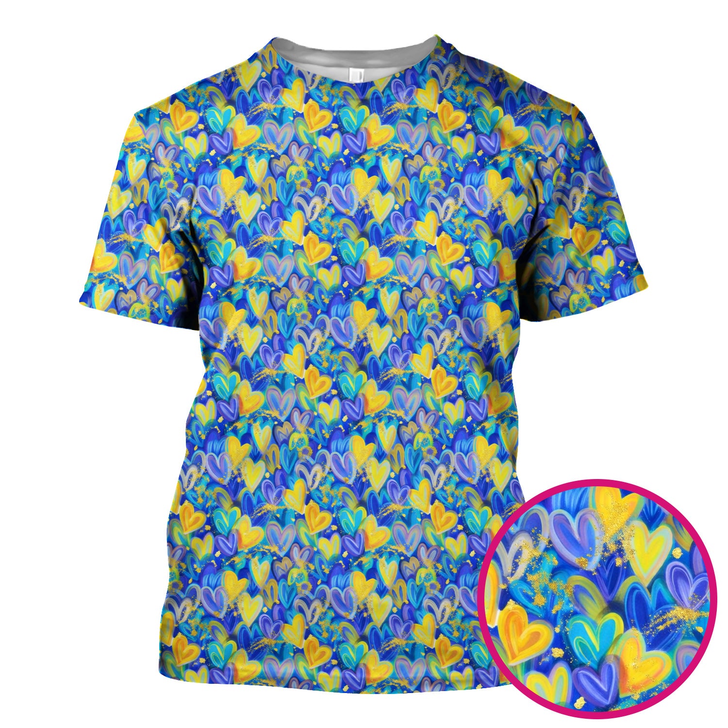 Blue and Yellow Layered Heart Gold Splatter Print Scrub Top, Artistic Scrubs for Nurses
