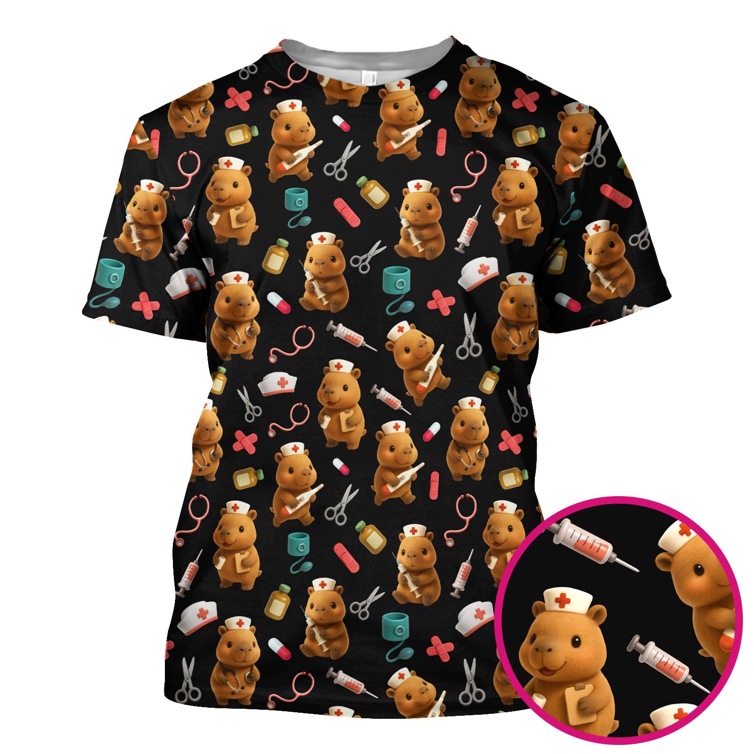 Funny Bear Scrub Top for Women - Nurse Hat and Syringe Pattern Medical Scrubs - Cute Teddy Nurse Shirt Gift for RN CNA LPN