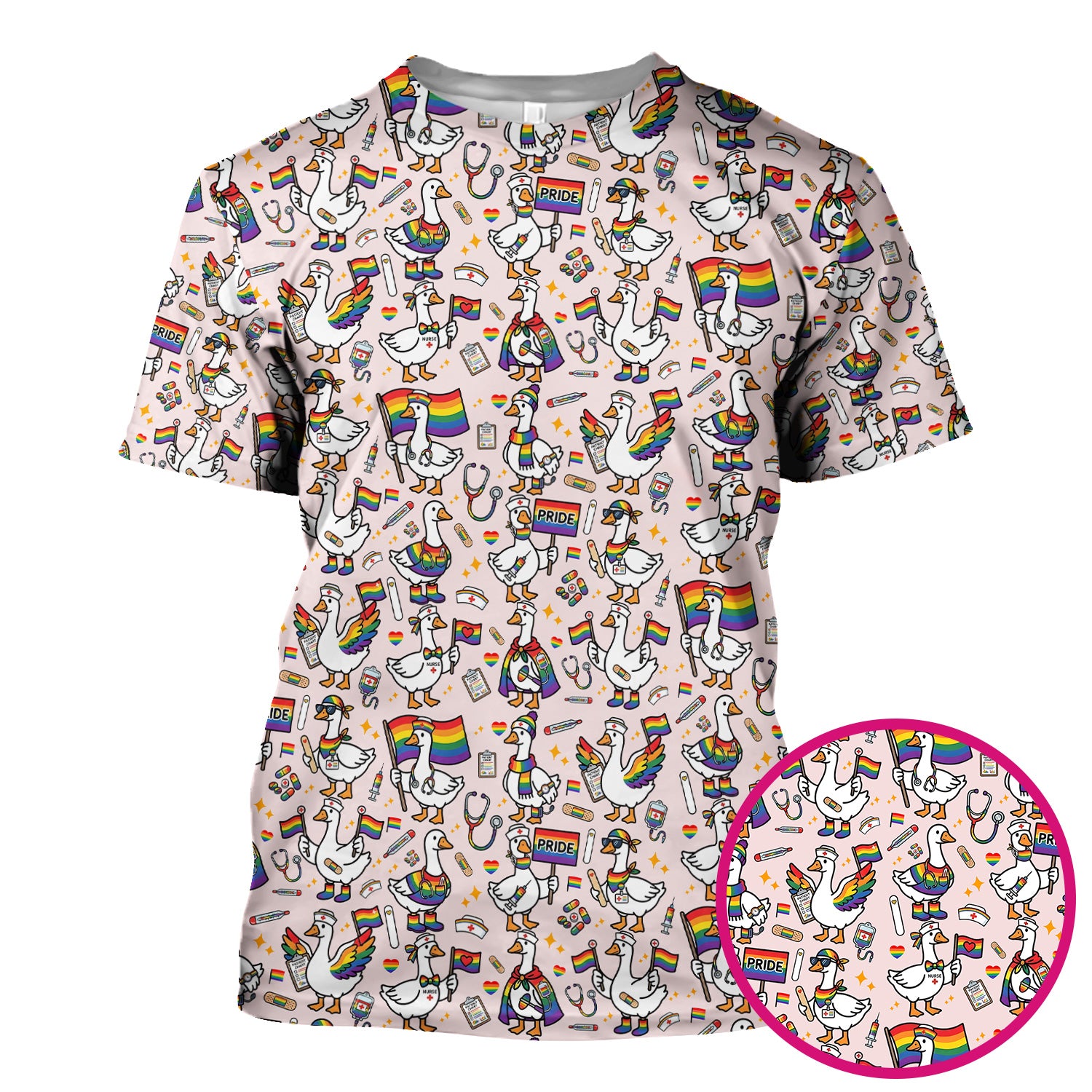 LGBT Pride Nurse Duck Pattern Scrub Top, Breathable Fabrics Nursing Uniform