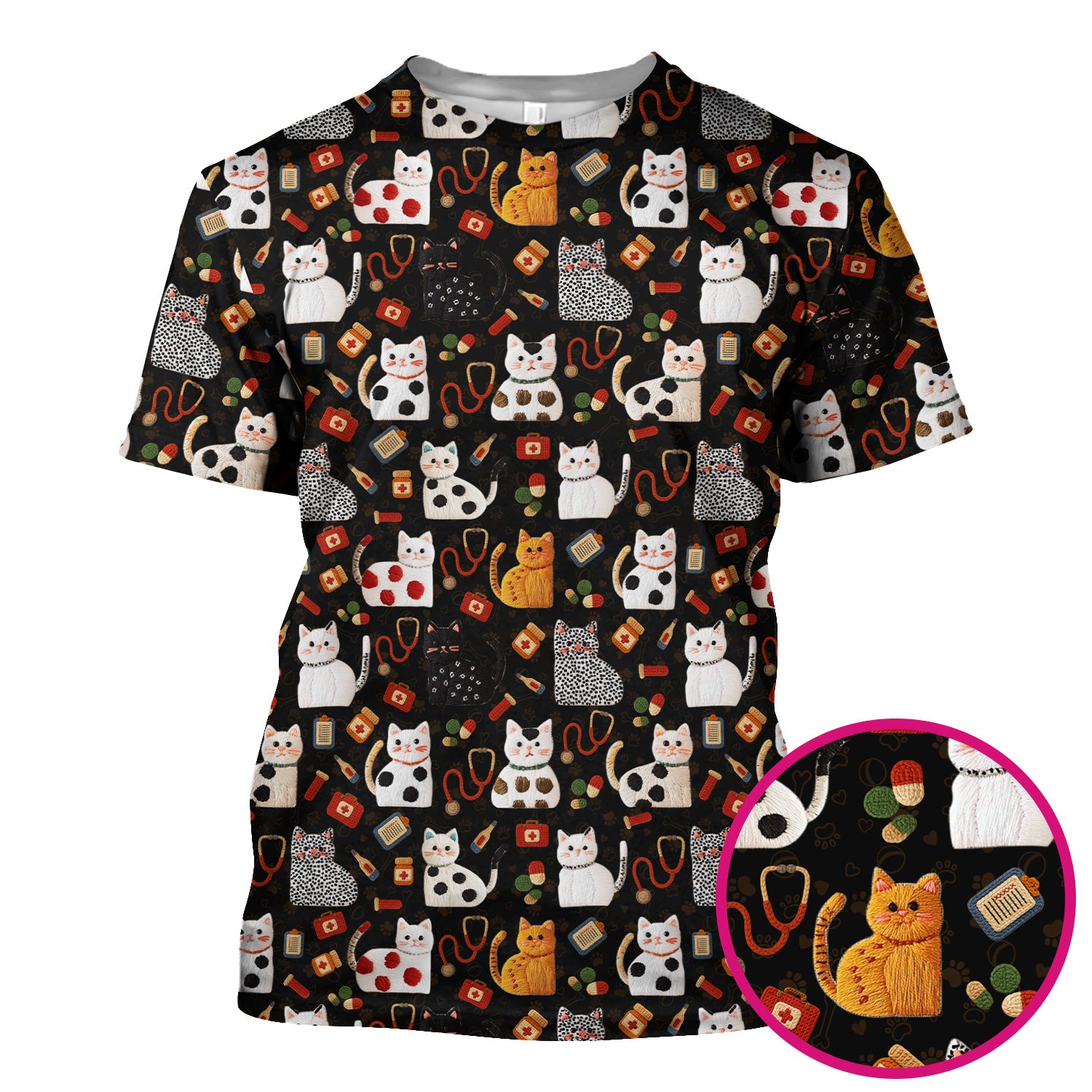 Cute Cat Scrub Top – Funny Veterinary Pattern Medical Shirt – Pet Lover Uniform For RN, LPN, CNA, and Vet Staff