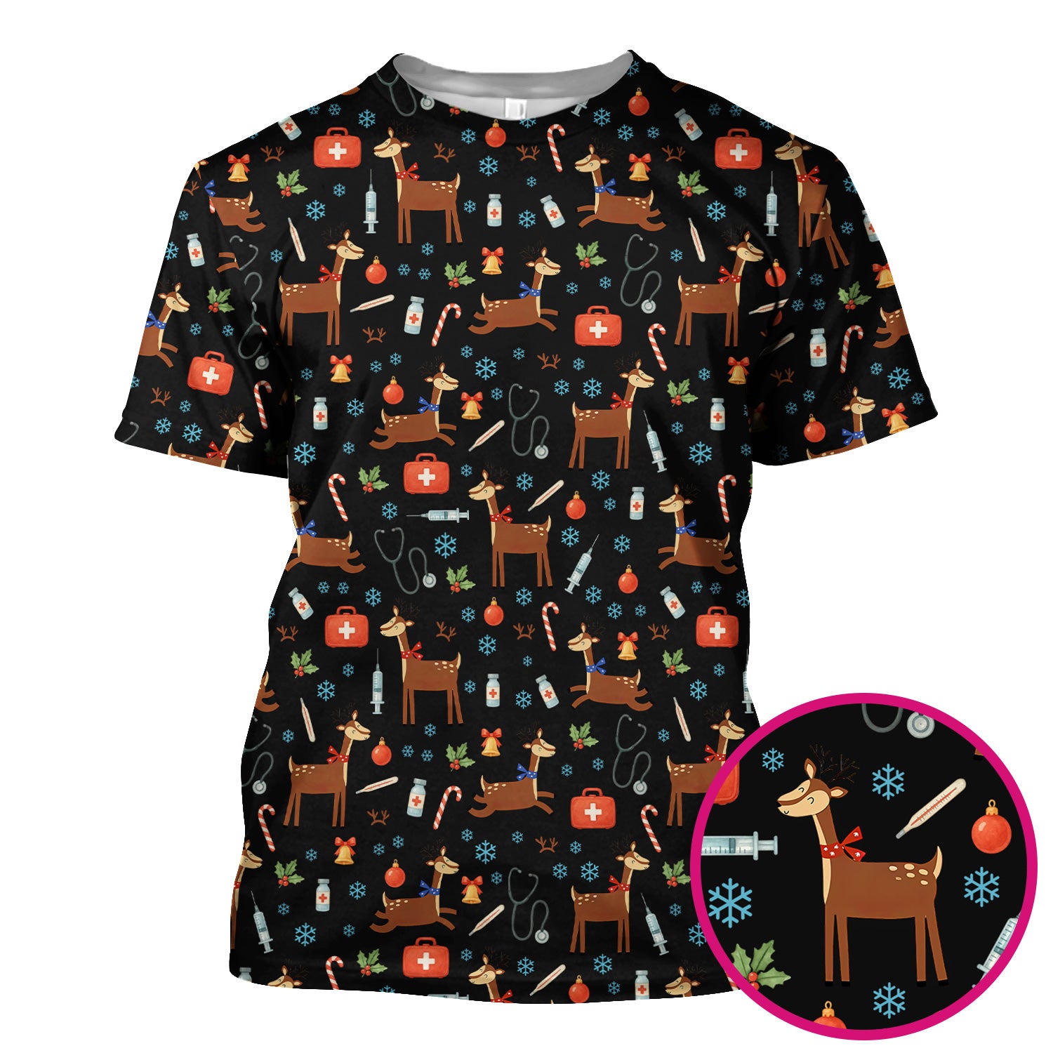 Christmas Reindeer Scrub Top for Nurses - Cute Reindeers Snowflakes Candy Canes Shirt - Comfortable Med Uniform