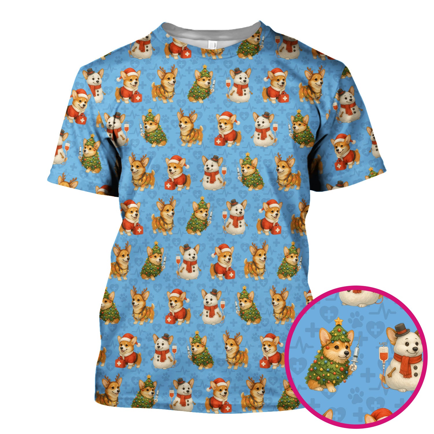 Christmas Scrubs for Women - Cute Corgi Pattern Scrub Top for Nurses - Holiday Corgi Christmas Scrubs Gift Idea