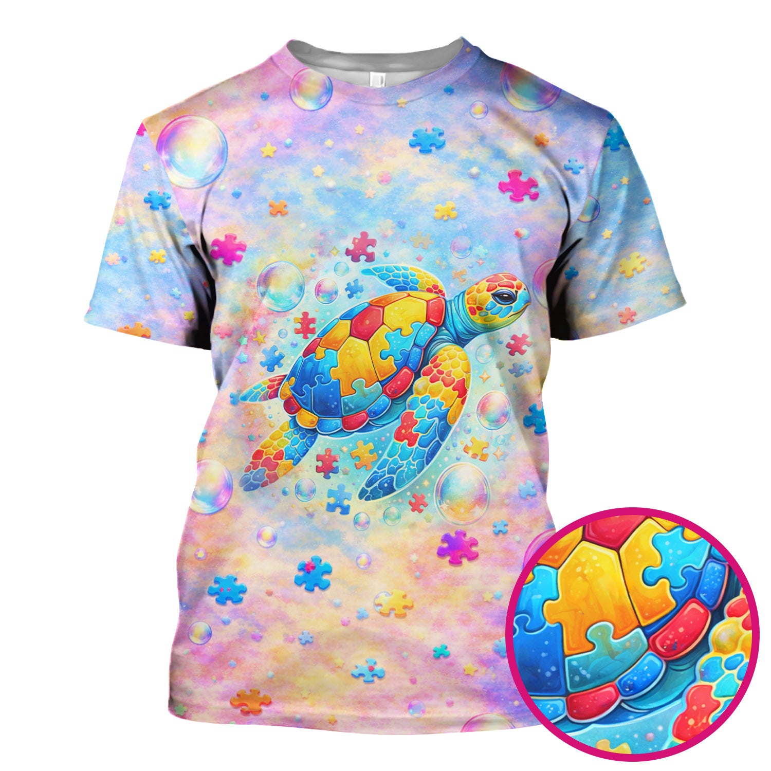 Autism Puzzle Sea Turtle Pastel Rainbow Print Scrub Top, Comfortable Scrubs for Nurses